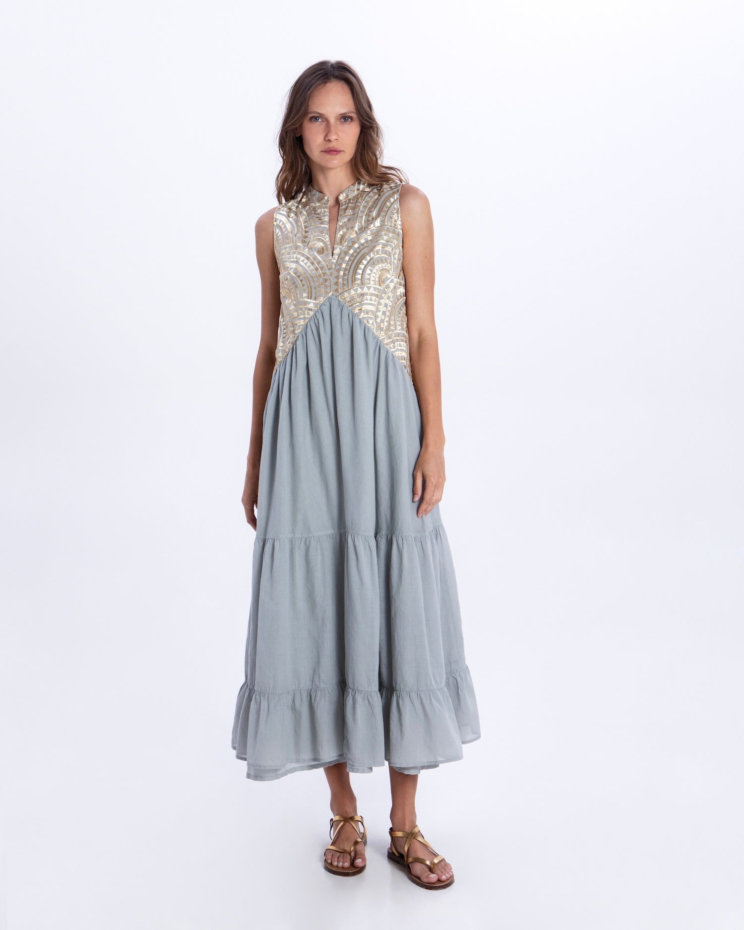 Greek Archaic Kori Sleeveless Voile Maxi Dress | Stone & Gold. Available at Pasha Living