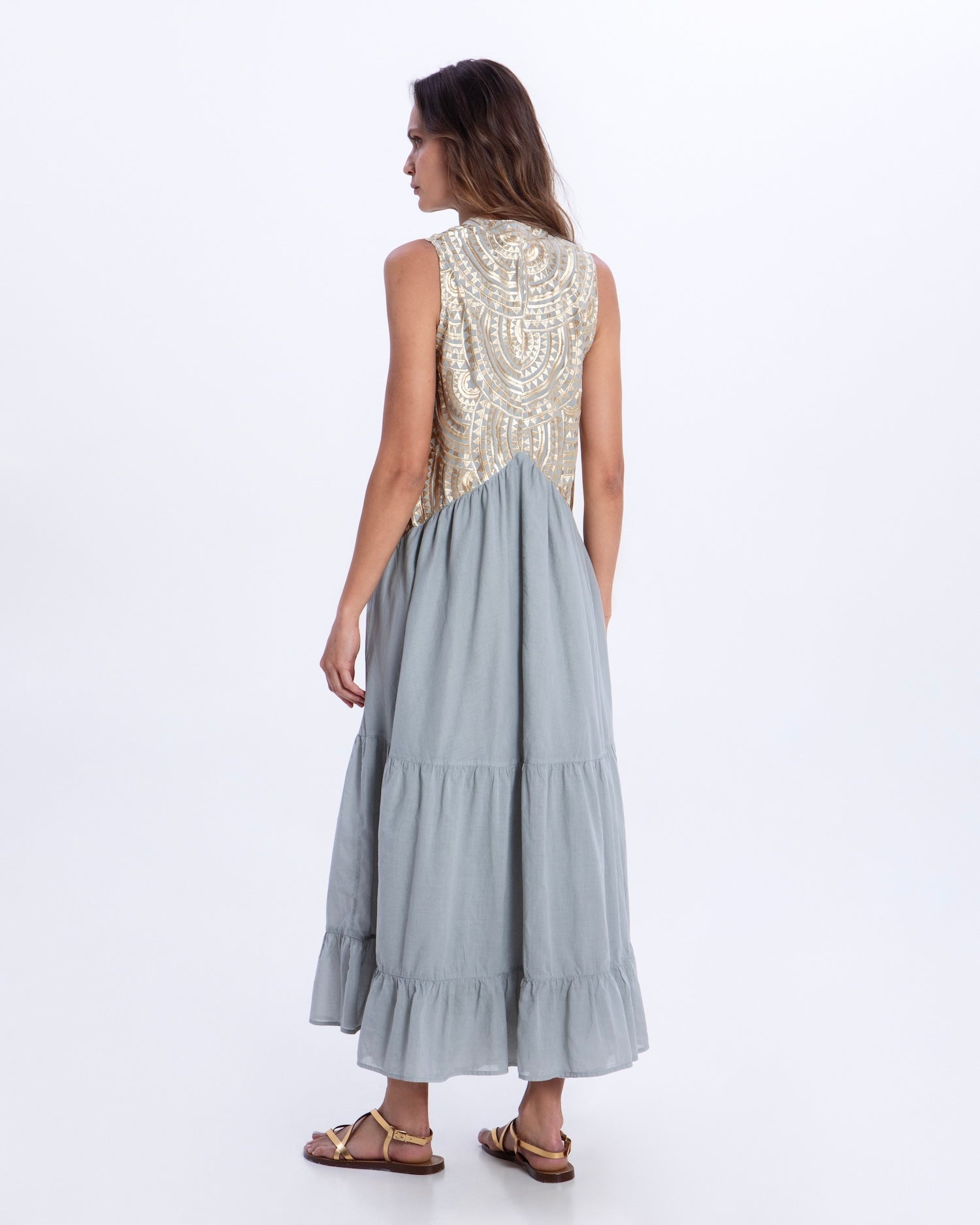 Greek Archaic Kori Sleeveless Voile Maxi Dress | Stone & Gold. Available at Pasha Living