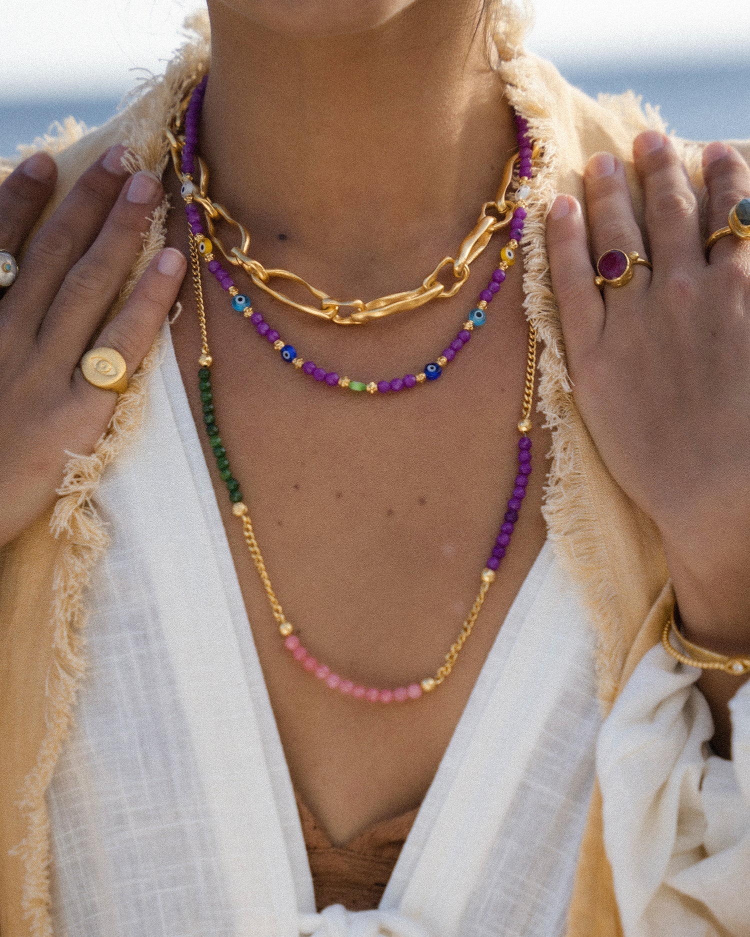 Imogen Green, Purple and Pink Jade Beaded Necklace - Pasha Living