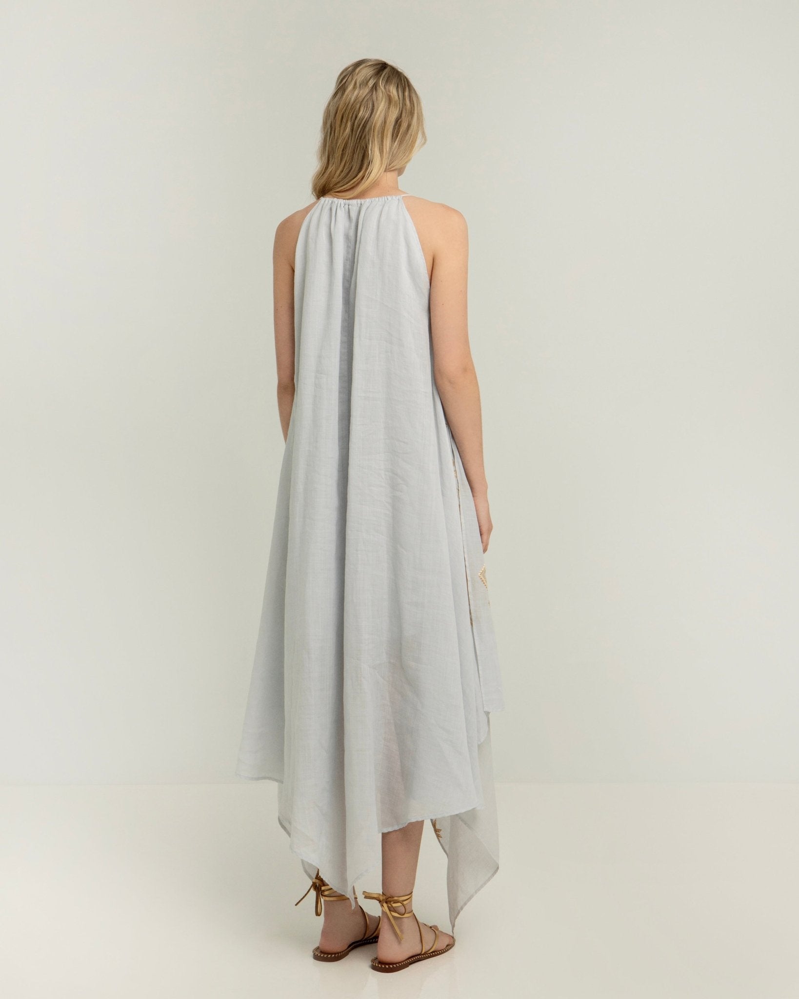 Greek Archaic Kori Kori Asymmetrical Lefkada Dress | Light Grey & Gold - Dress Pasha Living
