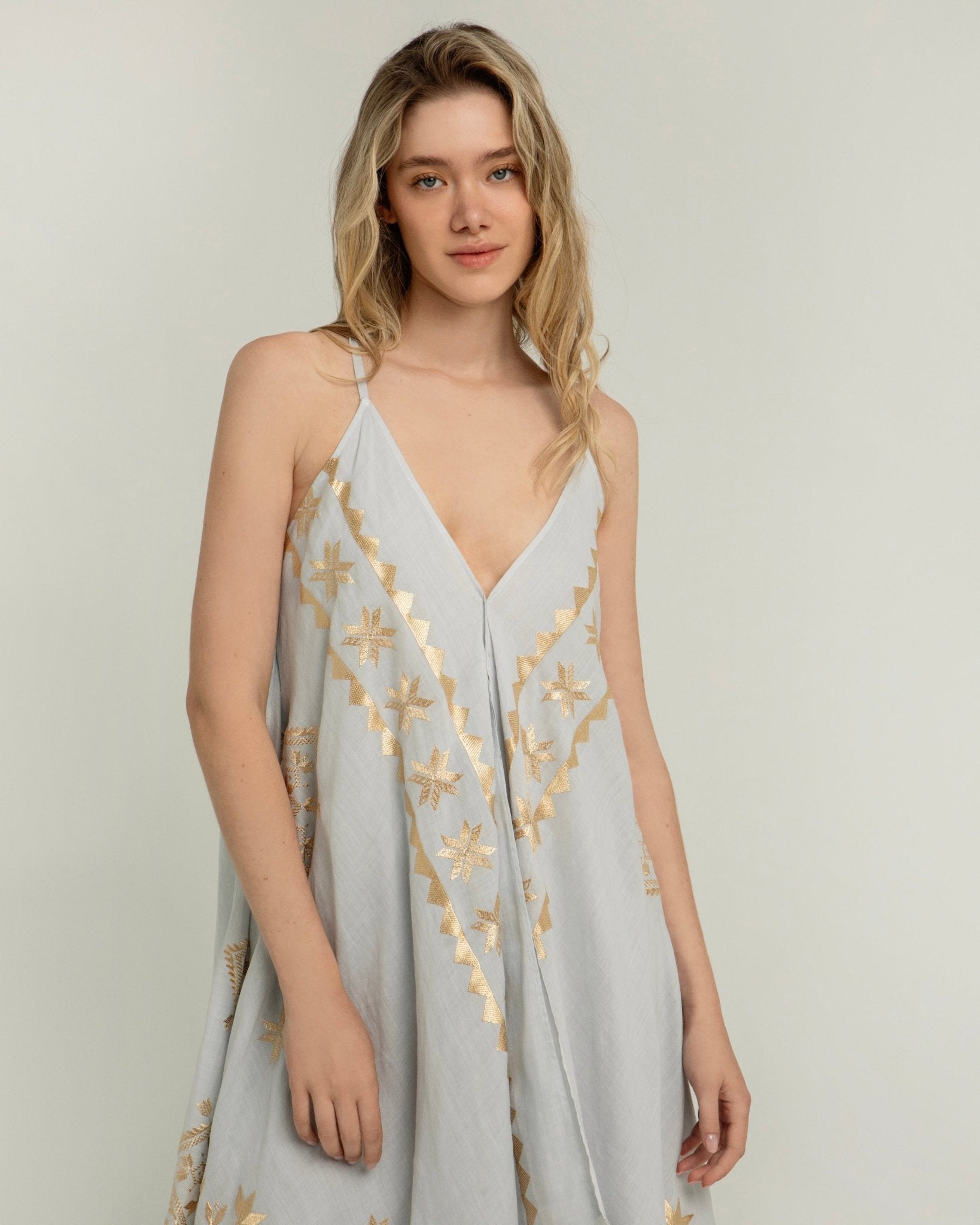 Greek Archaic Kori Kori Asymmetrical Lefkada Dress | Light Grey & Gold - Dress Pasha Living