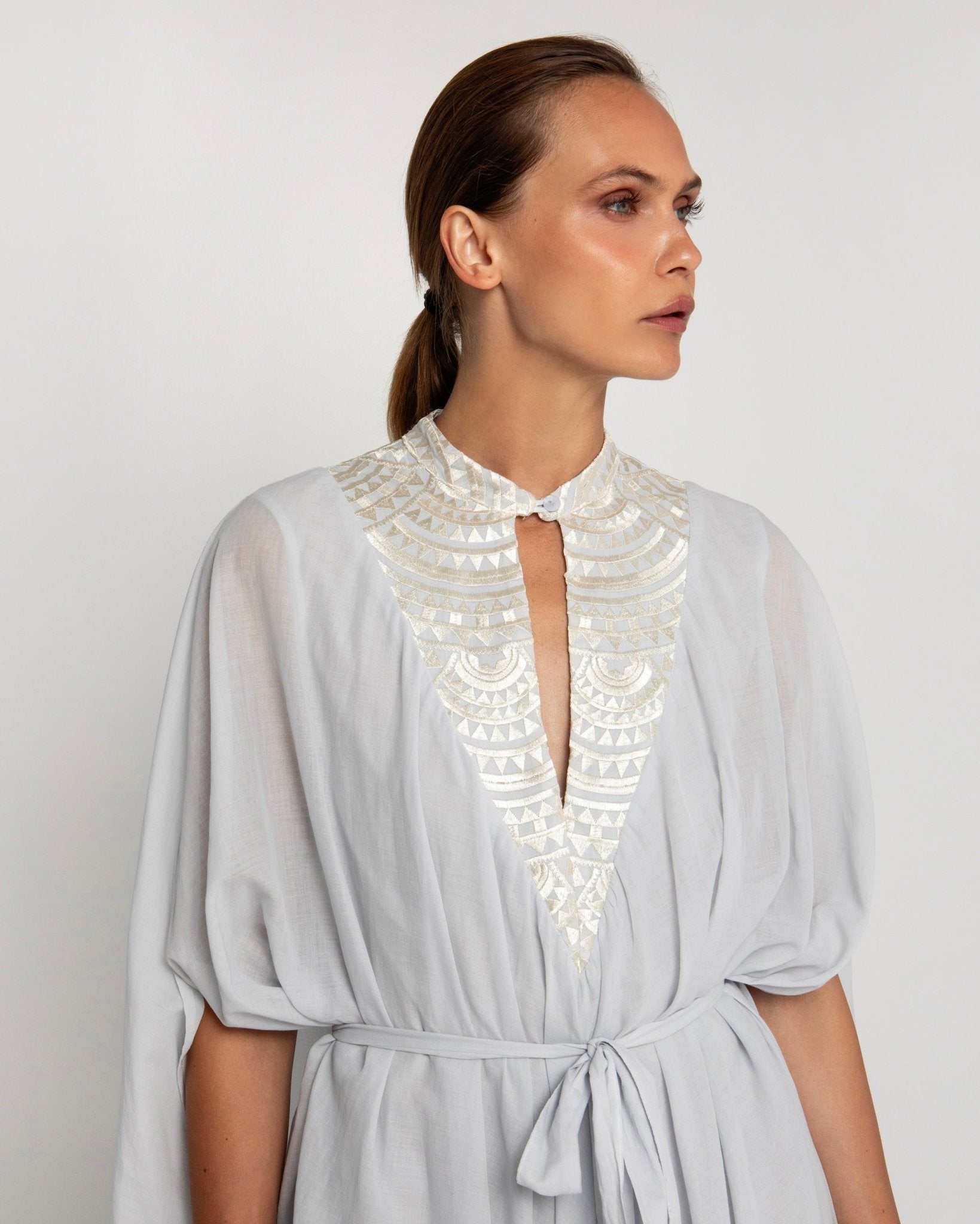 Greek Archaic Kori Kori Caped Kaftan | Light Grey & Silver - Dress Pasha Living