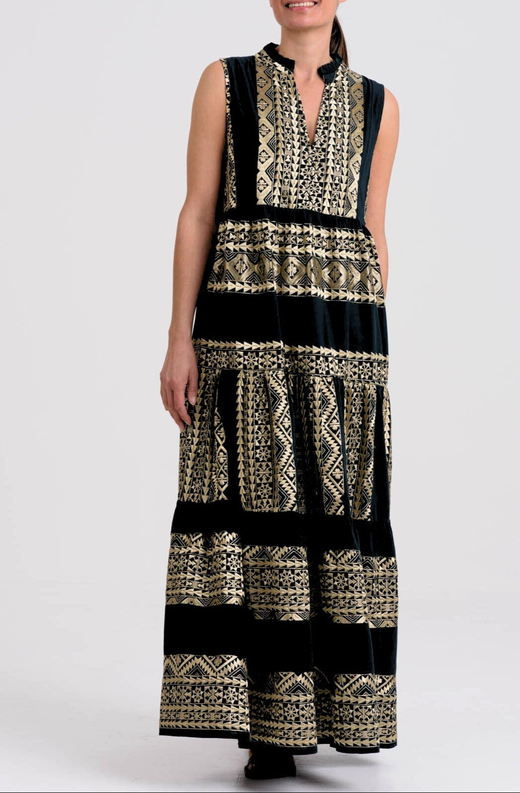 Greek Archaic Kori Cotton Maxi Dress | Black & Gold. Available at Pasha Living