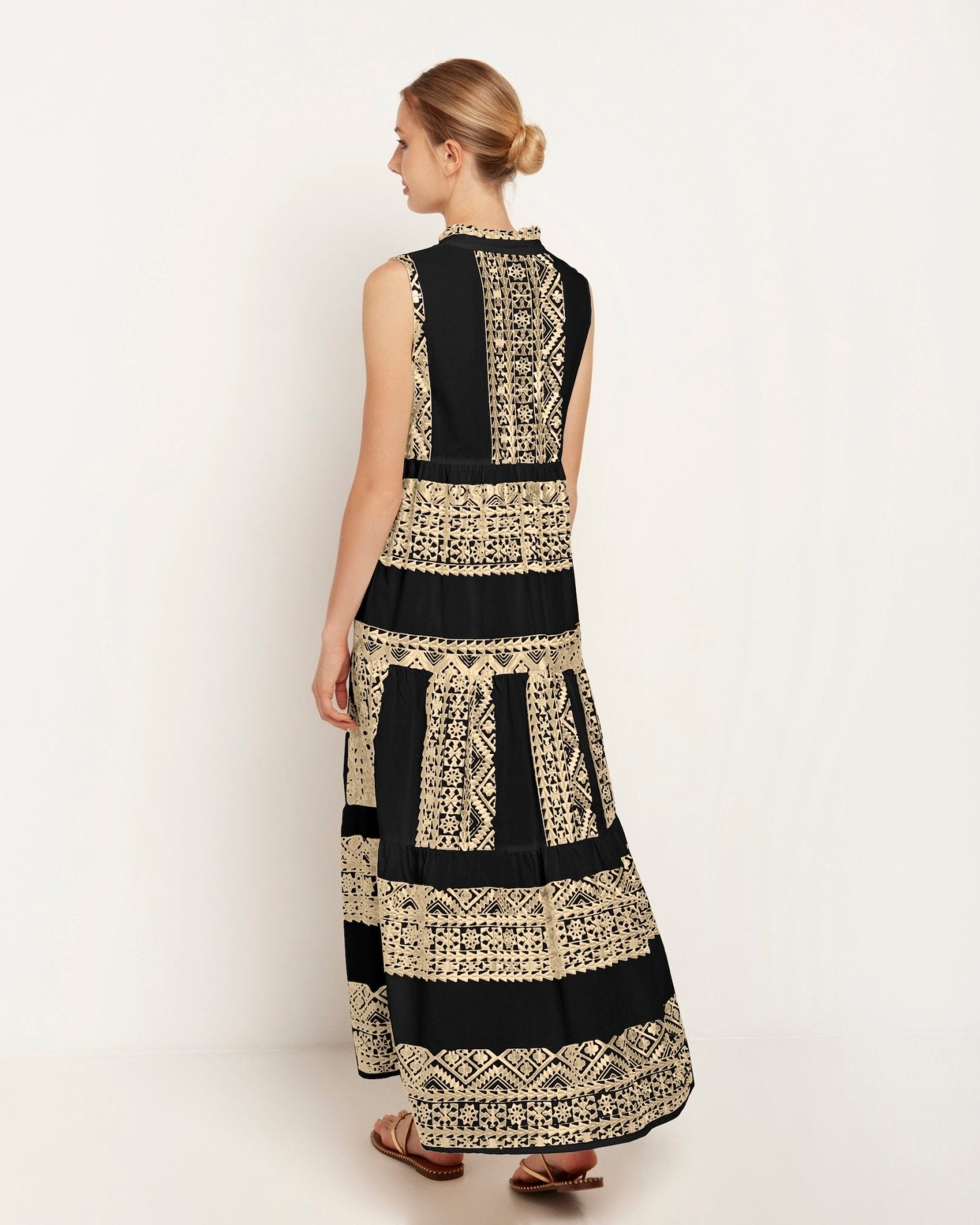 Greek Archaic Kori Kori Cotton Maxi Dress | Black & Gold - Dress Pasha Living