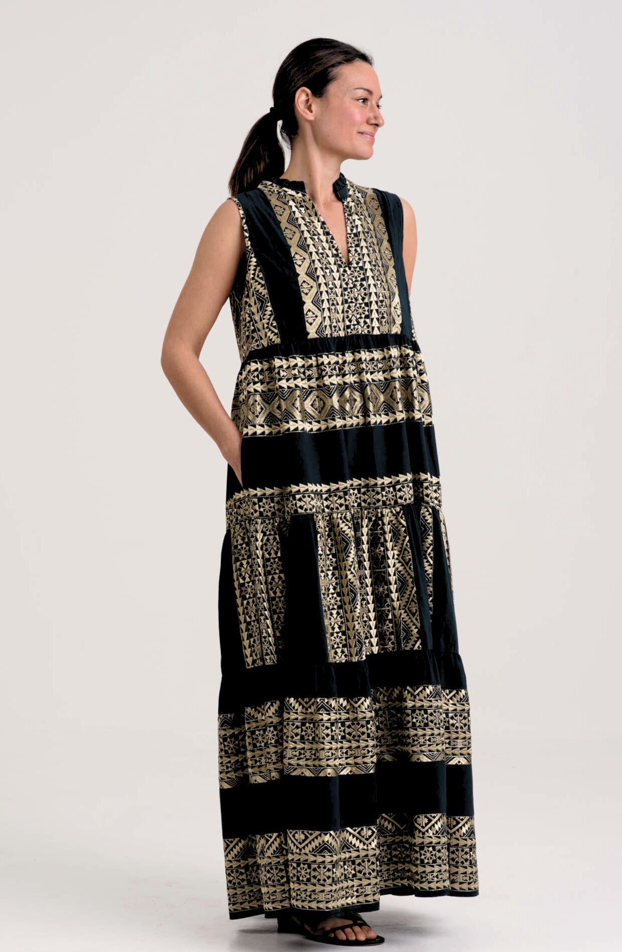 Greek Archaic Kori - Cotton Maxi Dress | Black & Gold - Womens - Full-length Maxi Dress with elegant drape, perfect for summer or warm getaways / Size Greek Archaic Kori - Cotton Maxi Dress | Black & Gold - Womens - Full-length Maxi Dress with elegant drape, perfect for summer or warm getaways / Size