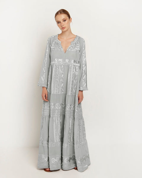 Cotton Maxi Dress With Sleeves Grey Champagne – Pasha Living