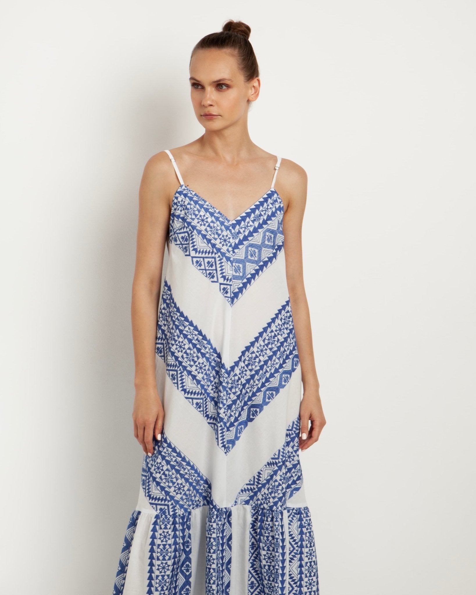 Greek Archaic Kori Cotton Strappy Dress | White & Blue Pasha Living Greek Archaic Kori Cotton Strappy Dress | White & Blue Pasha Living