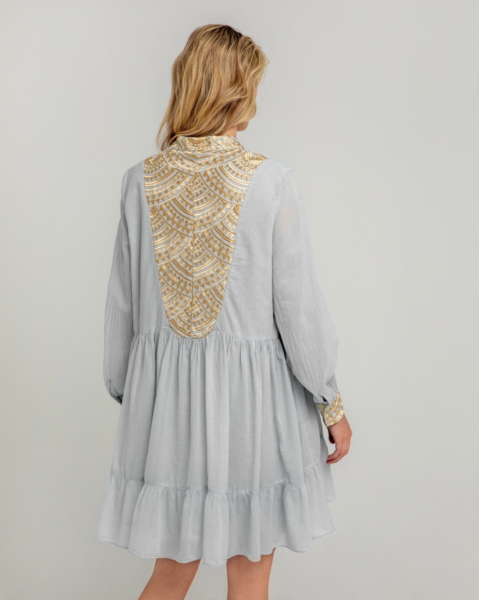 Greek Archaic Kori Cotton Voile Dress | Light Grey & Gold Pasha Living Greek Archaic Kori Cotton Voile Dress | Light Grey & Gold Pasha Living