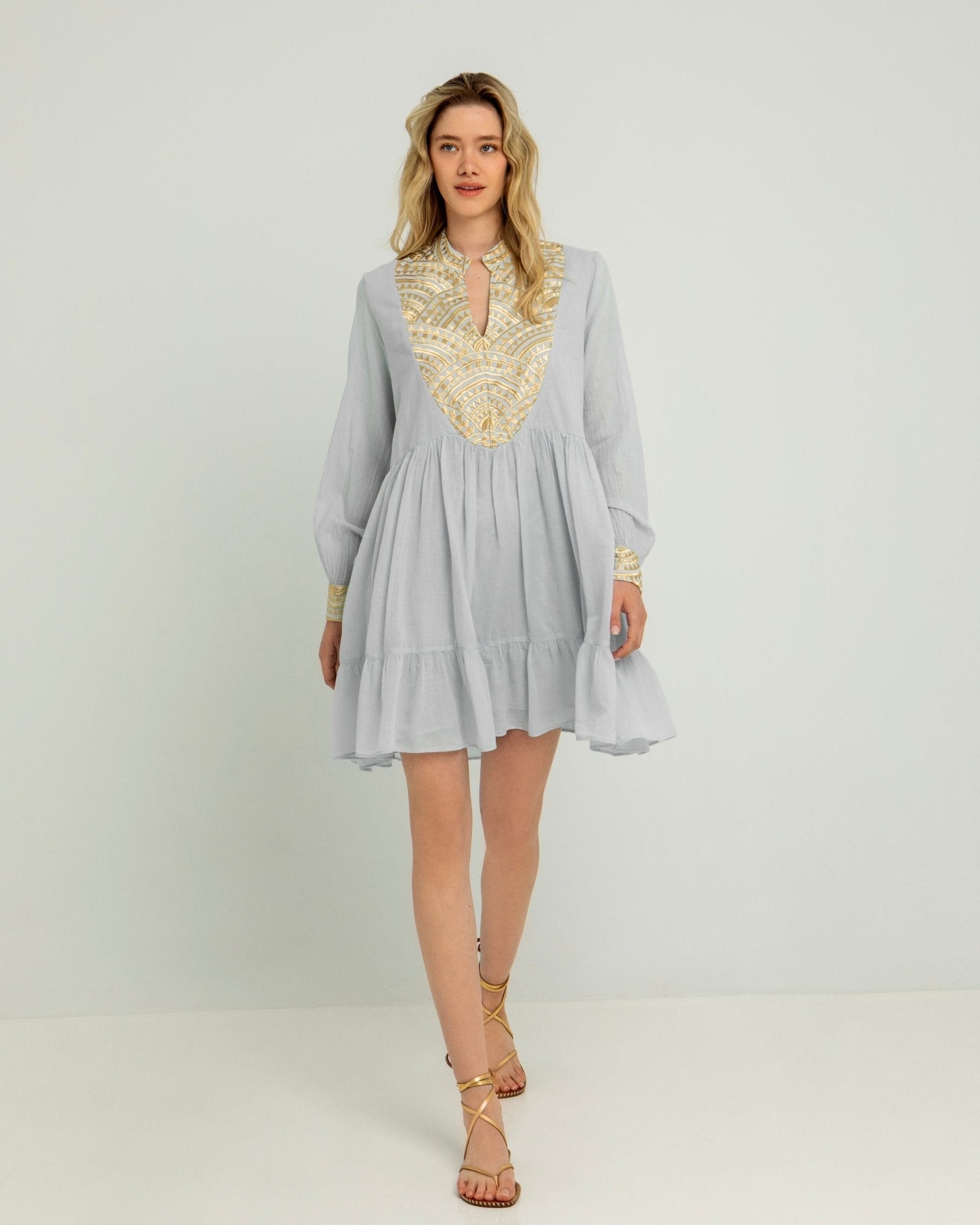 Kori Cotton Voile Dress | Light Grey & Gold - Pasha Living