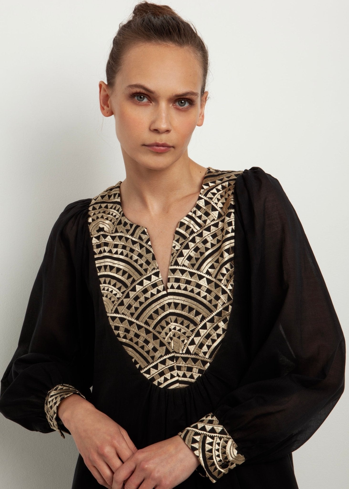 Greek Archaic Kori Kori Cotton Voile Maxi Dress | Black & Gold - Dress Pasha Living