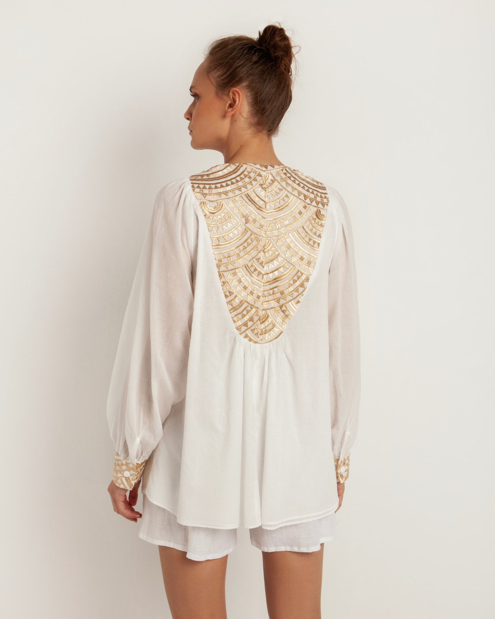 Greek Archaic Kori Kori Embroidered Cotton Blouse | White & Gold - Blouse Pasha Living