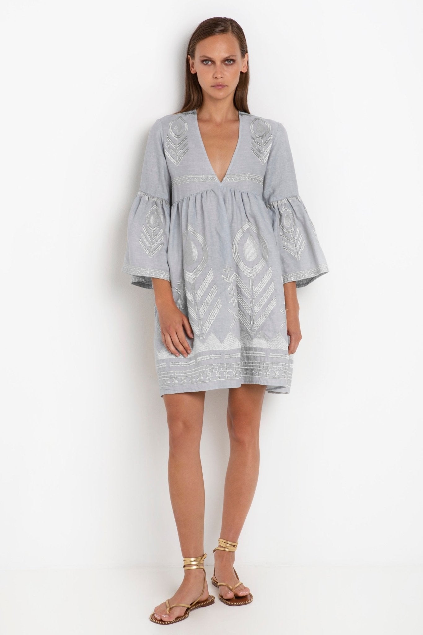 Greek Archaic Kori Grey Feather Embroidered Dress Pasha Living Greek Archaic Kori Grey Feather Embroidered Dress Pasha Living