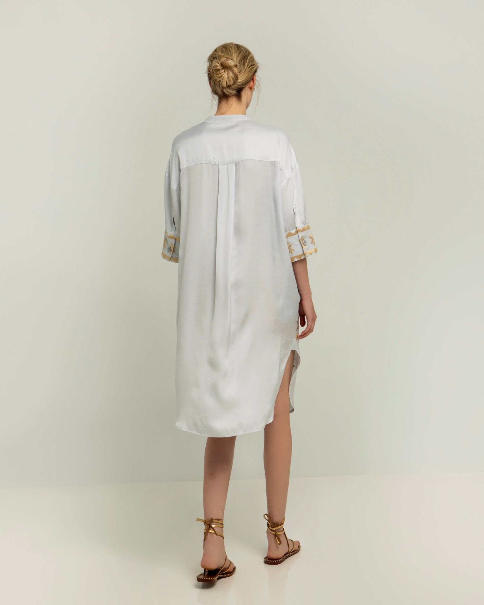 Greek Archaic Kori Kori Lefkada Tunic Dress | Light Grey & Gold - Dress Pasha Living