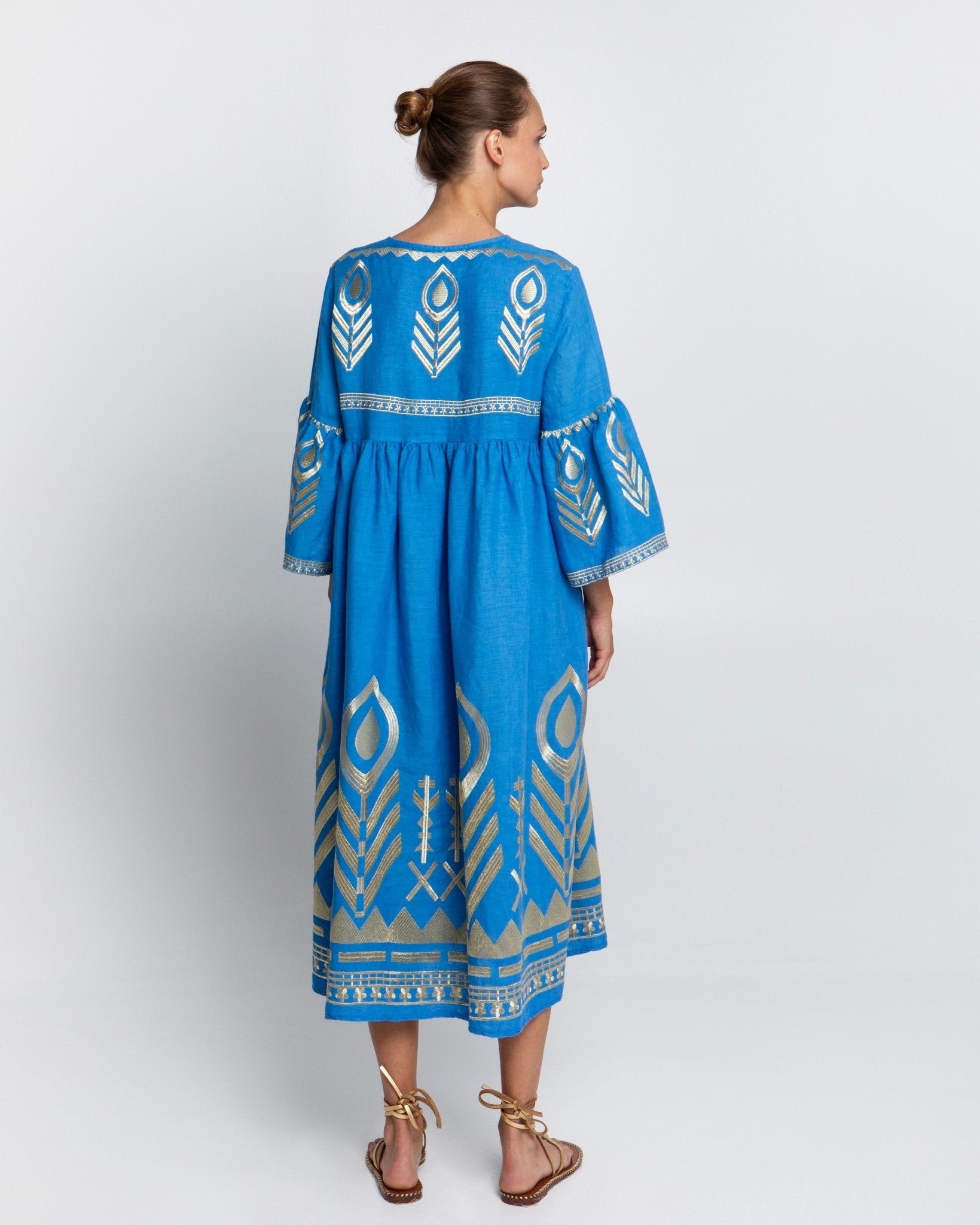 Greek Archaic Kori Kori Midi Linen Dress | Blue & Gold - Dress Pasha Living