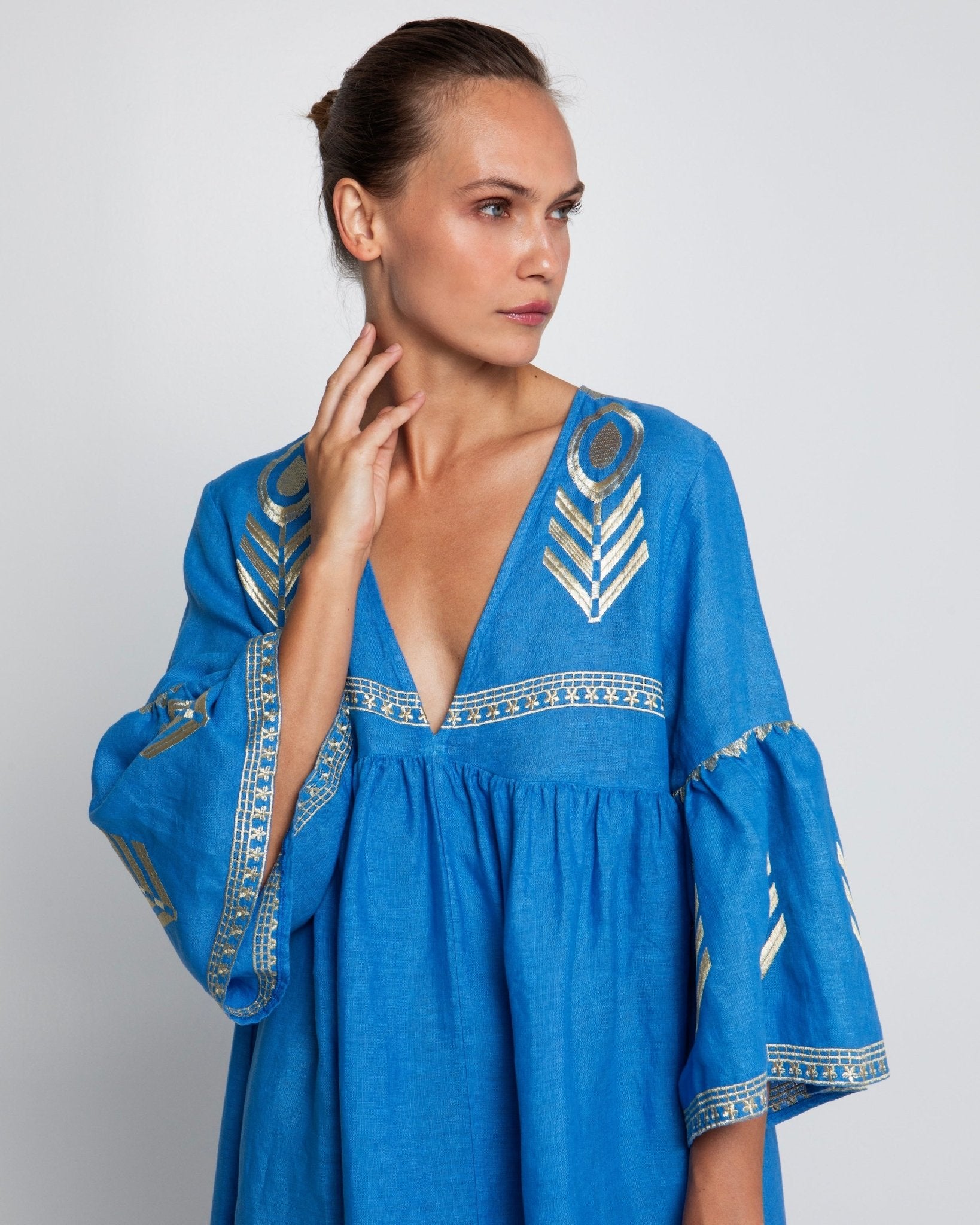 Greek Archaic Kori Midi Linen Dress | Blue & Gold Pasha Living Greek Archaic Kori Midi Linen Dress | Blue & Gold Pasha Living