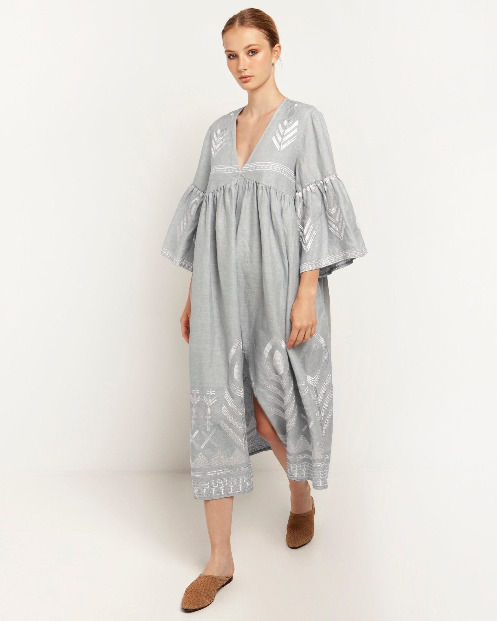 Kori Midi Linen Dress | Light Grey & Champagne - Pasha Living