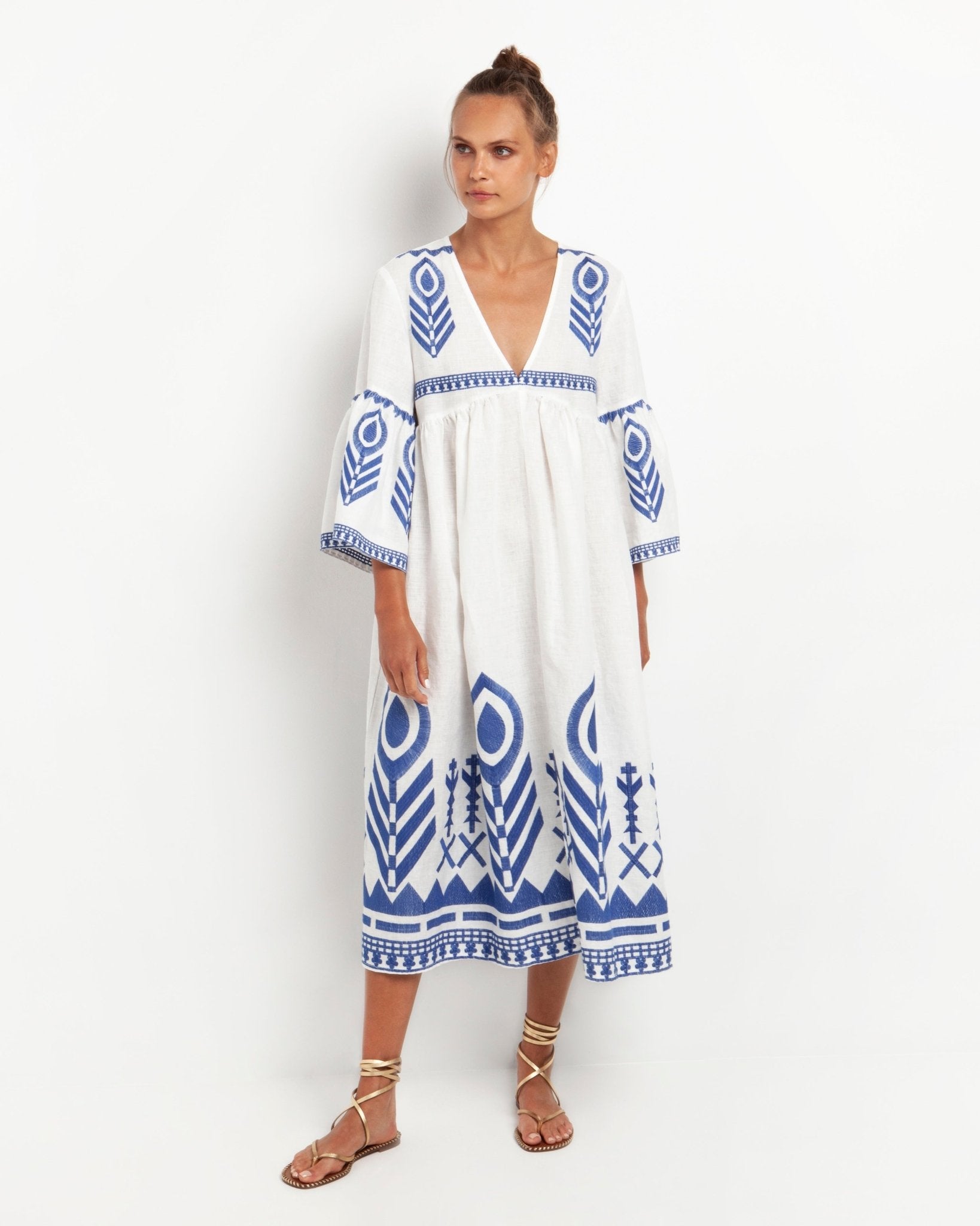 Kori Midi Linen Dress | White & Blue - Pasha Living