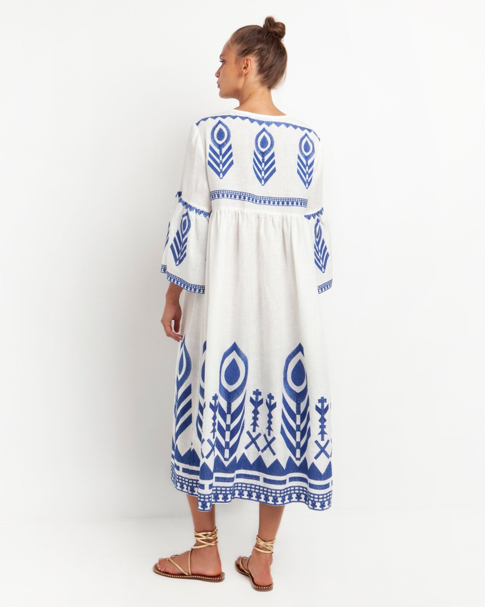 Greek Archaic Kori Midi Linen Dress | White & Blue Pasha Living Greek Archaic Kori Midi Linen Dress | White & Blue Pasha Living