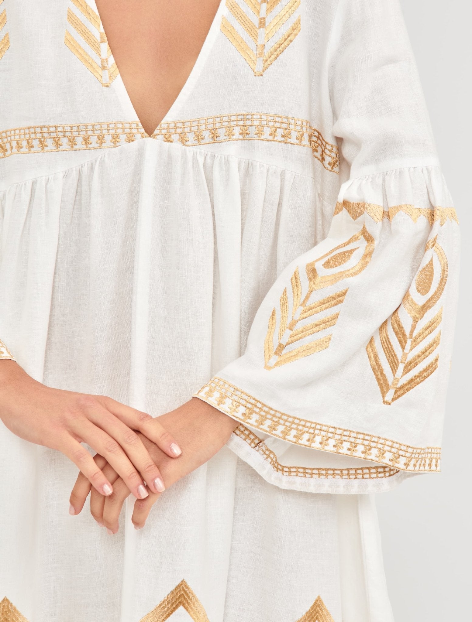 Greek Archaic Kori Kori Midi Linen Dress | White & Gold - Dress Pasha Living