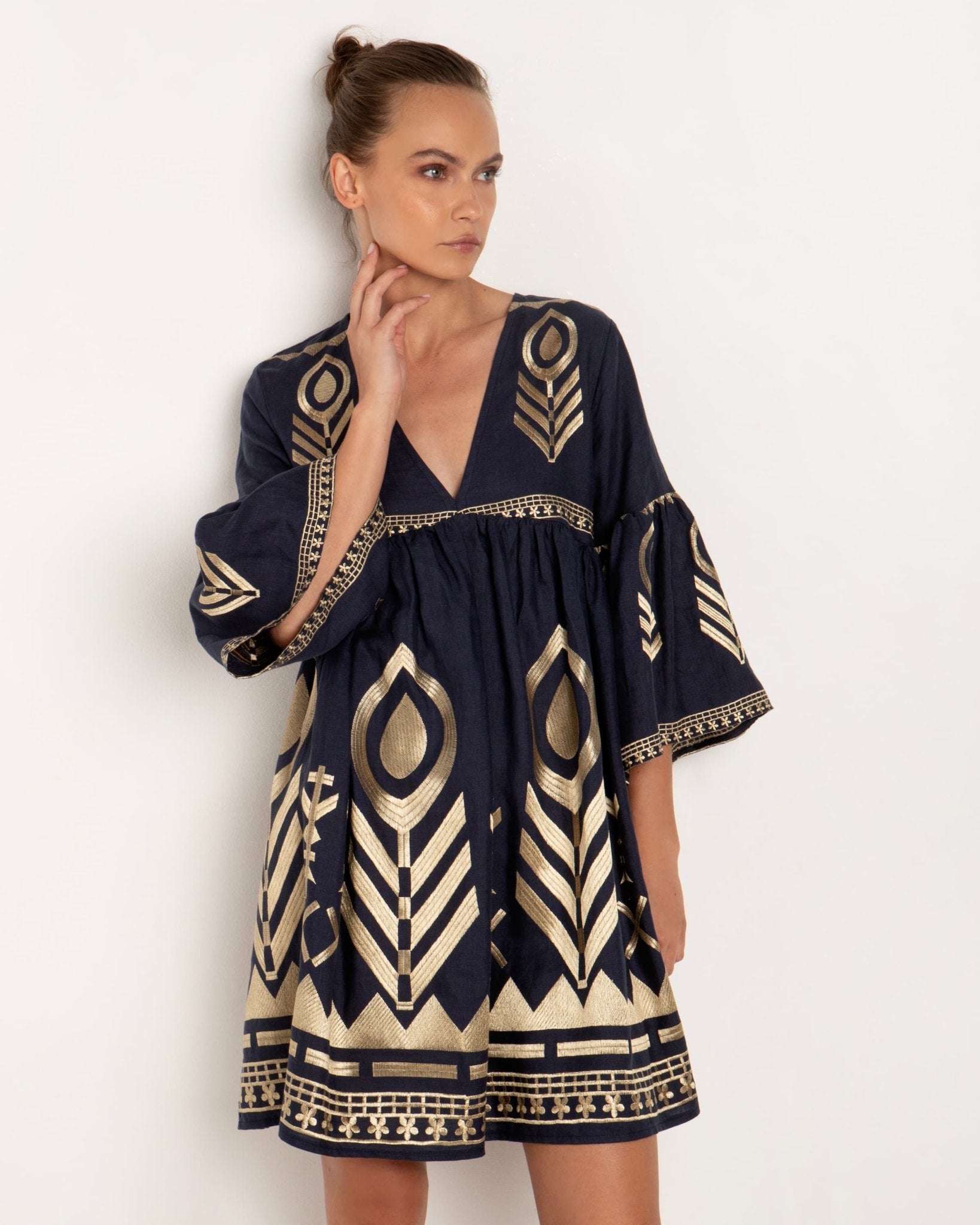 Kori Navy & Gold Feather Embroidered Dress | Size M - Pasha Living