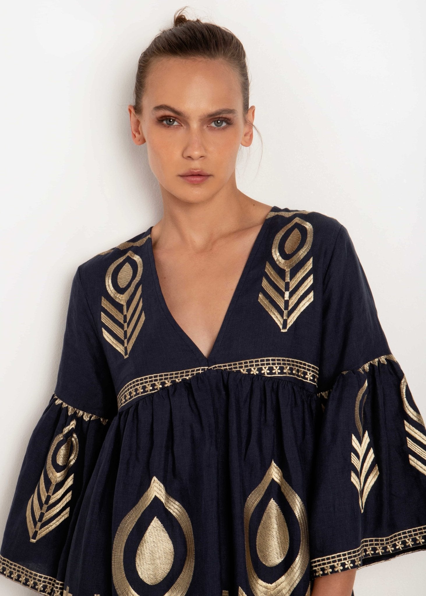 Greek Archaic Kori Kori Navy & Gold Feather Embroidered Dress | Size M - Dress Pasha Living