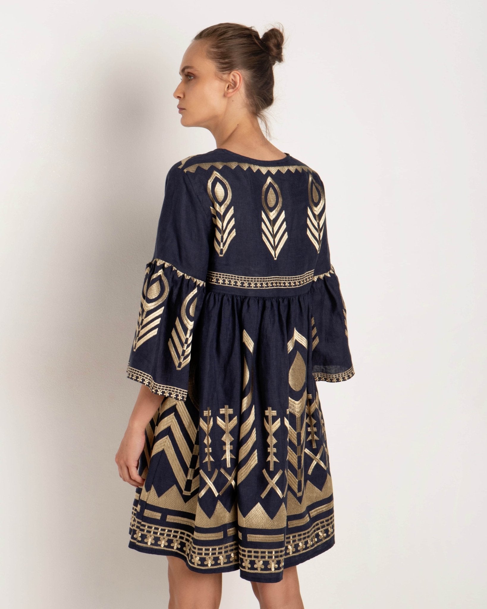 Kori Navy & Gold Feather Embroidered Dress | Size M - Pasha Living
