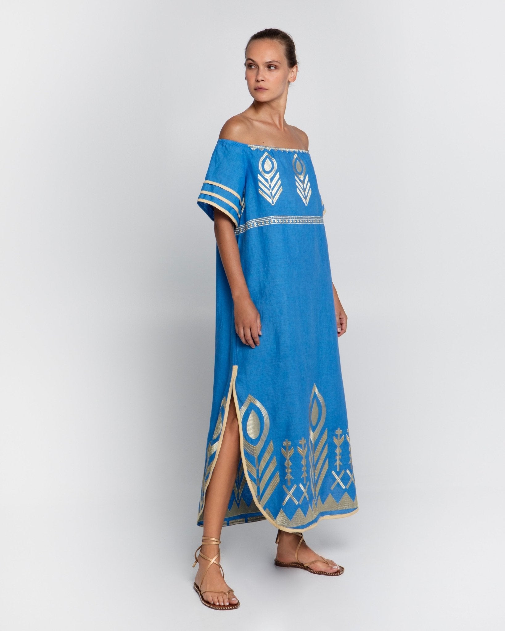 Kori Off The Shoulder Linen Maxi Dress | Blue & Gold - Pasha Living
