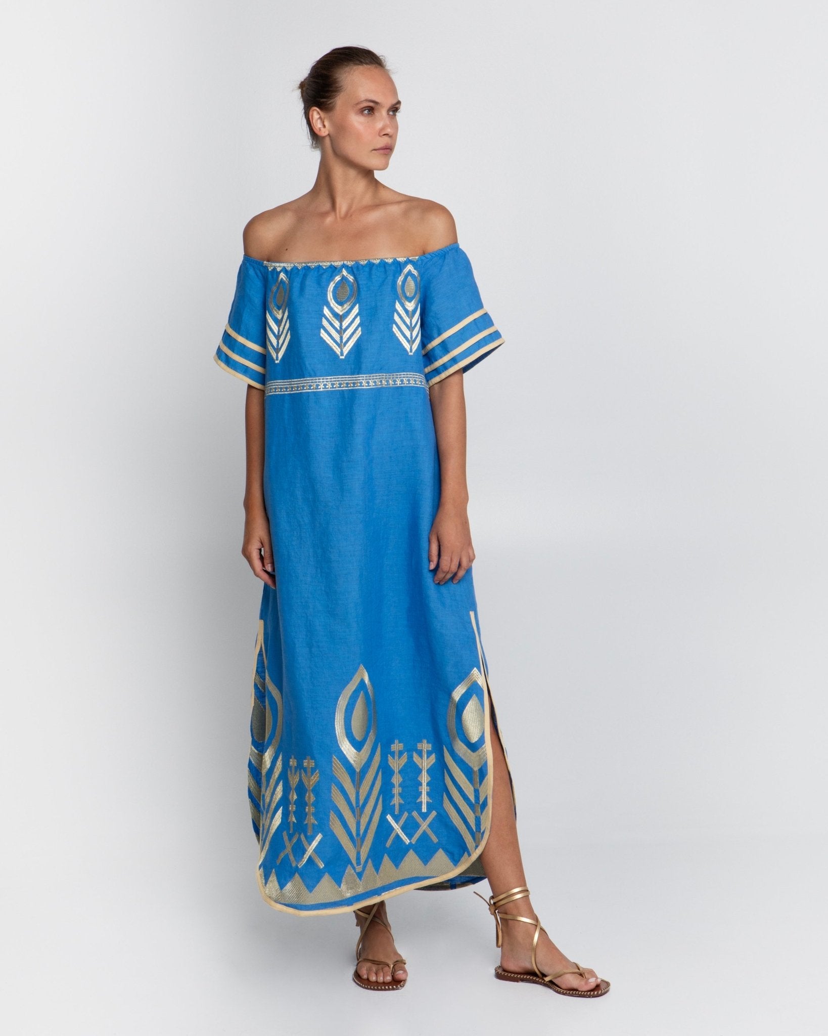 Kori Off The Shoulder Linen Maxi Dress | Blue & Gold - Pasha Living