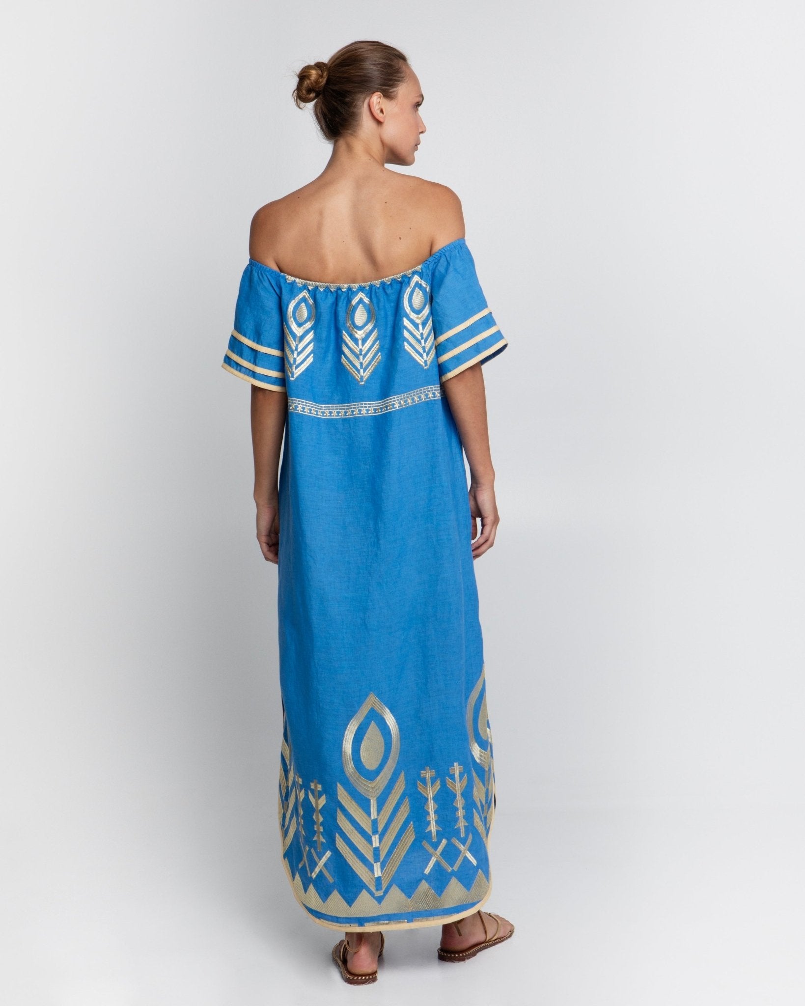 Kori Off The Shoulder Linen Maxi Dress | Blue & Gold - Pasha Living