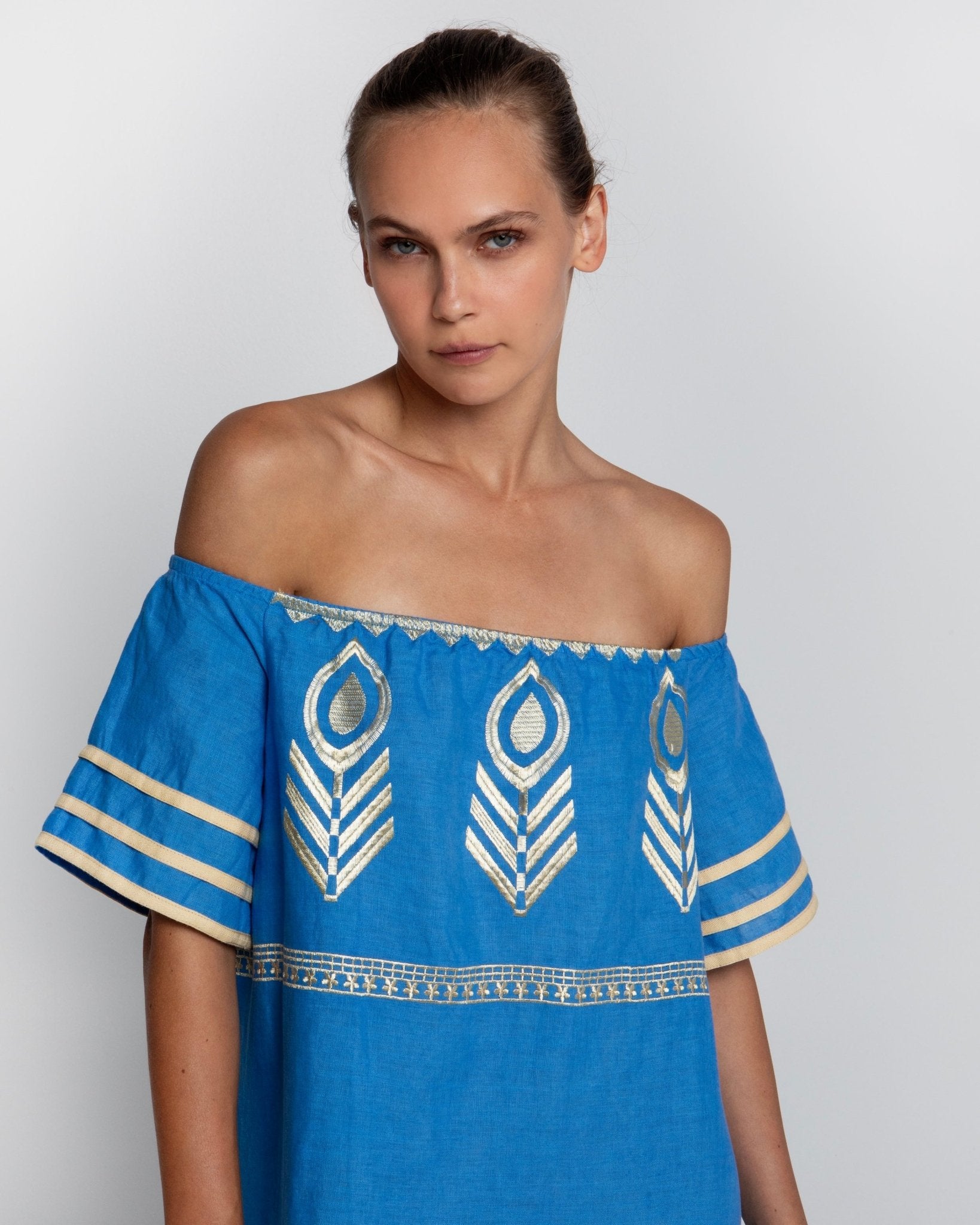 Kori Off The Shoulder Linen Maxi Dress | Blue & Gold - Pasha Living