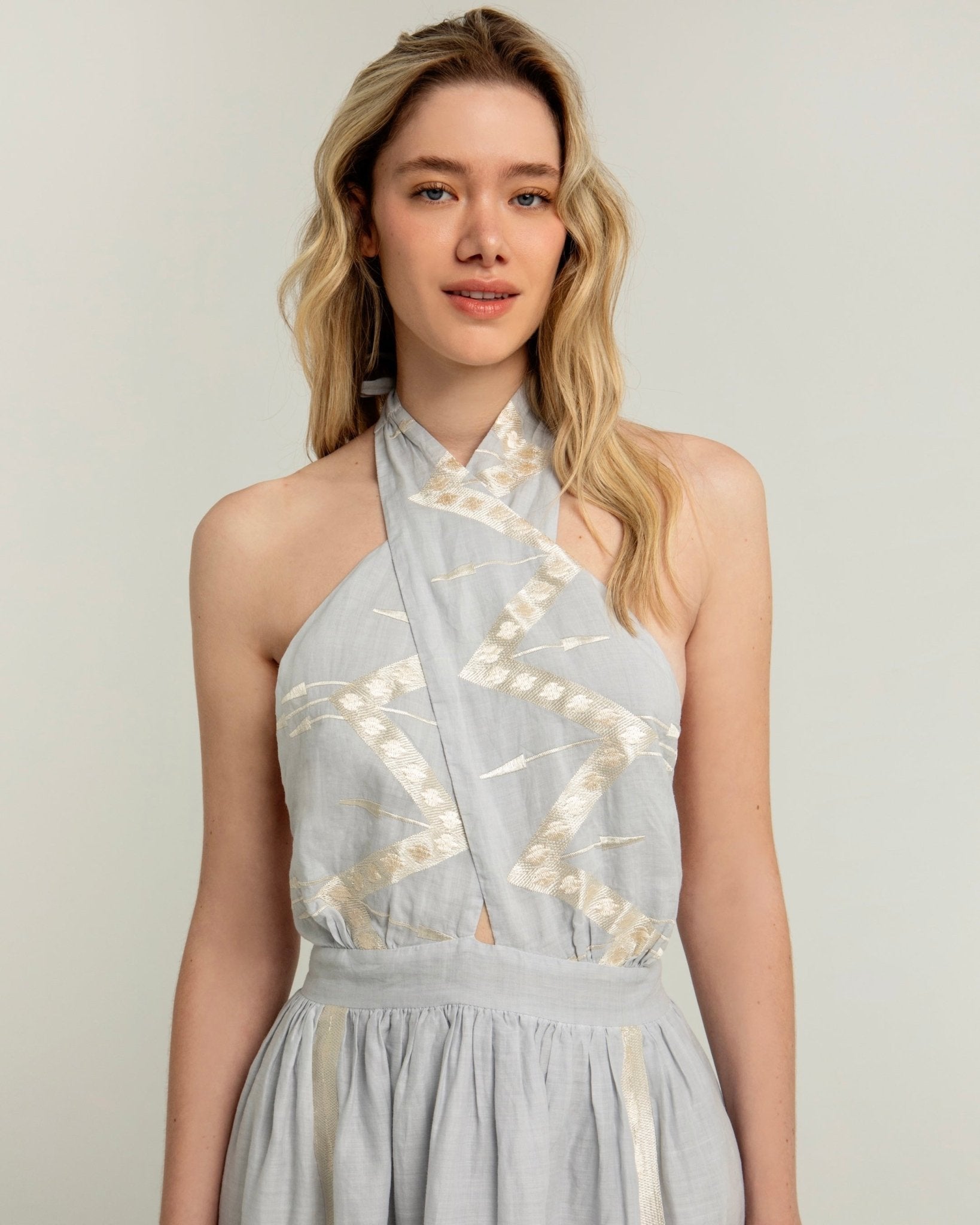 Kori Roots Halterneck Dress | Grey & Champagne - Pasha Living