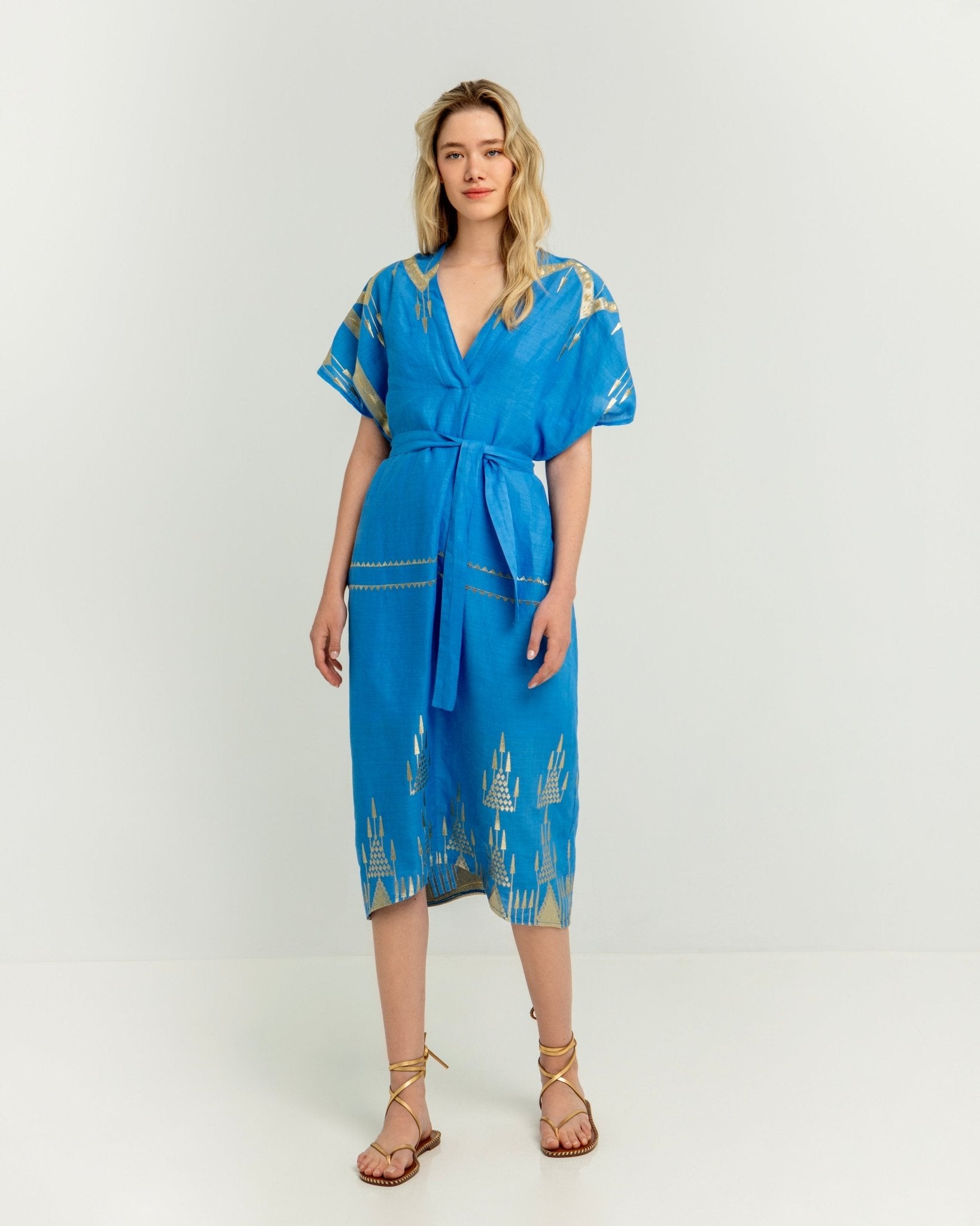 Greek Archaic Kori Kori Roots Kaftan | Blue & Gold - Dress Pasha Living