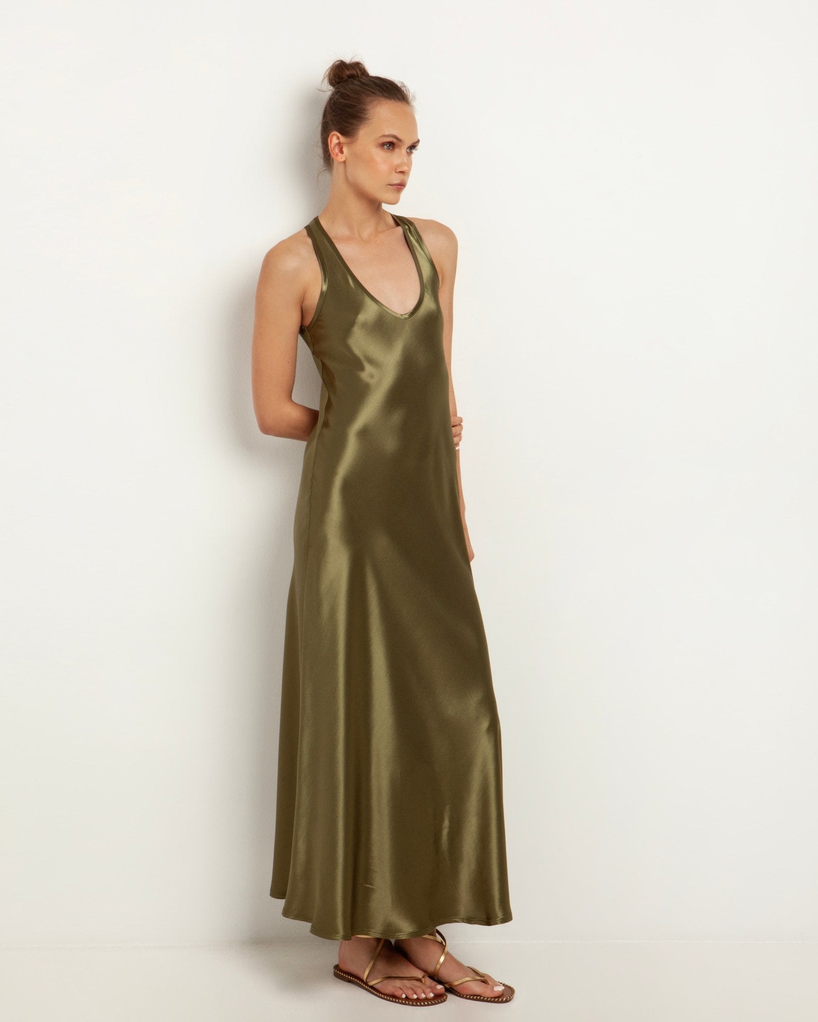 Greek Archaic Kori Kori Satin Midi Slip Dress | Khaki. Available at Pasha Living