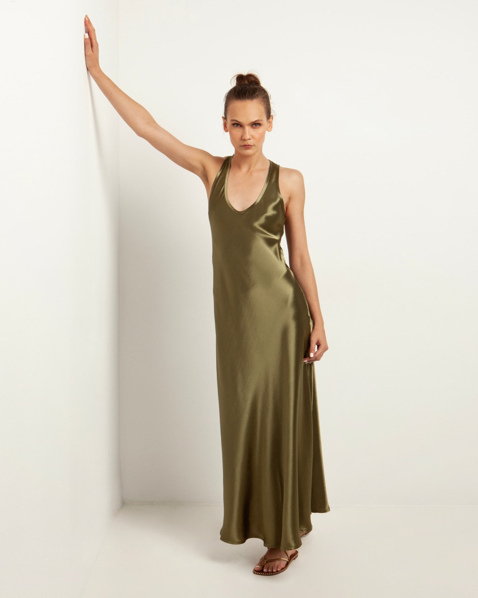 Greek Archaic Kori Kori Satin Midi Slip Dress | Khaki. Available at Pasha Living