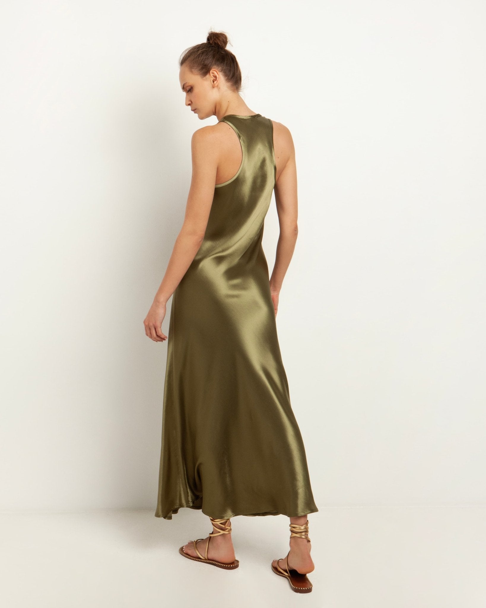 Greek Archaic Kori Kori Satin Midi Slip Dress | Khaki. Available at Pasha Living
