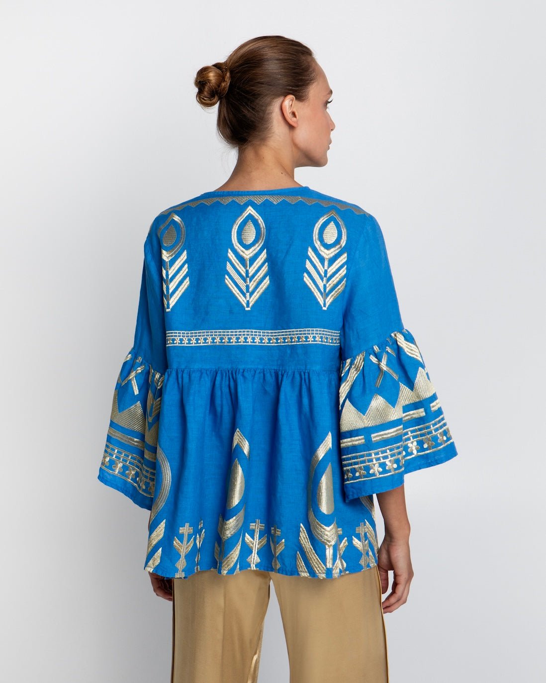 Kori Short Feather Bell Sleeve Blouse | Blue & Gold - Pasha Living