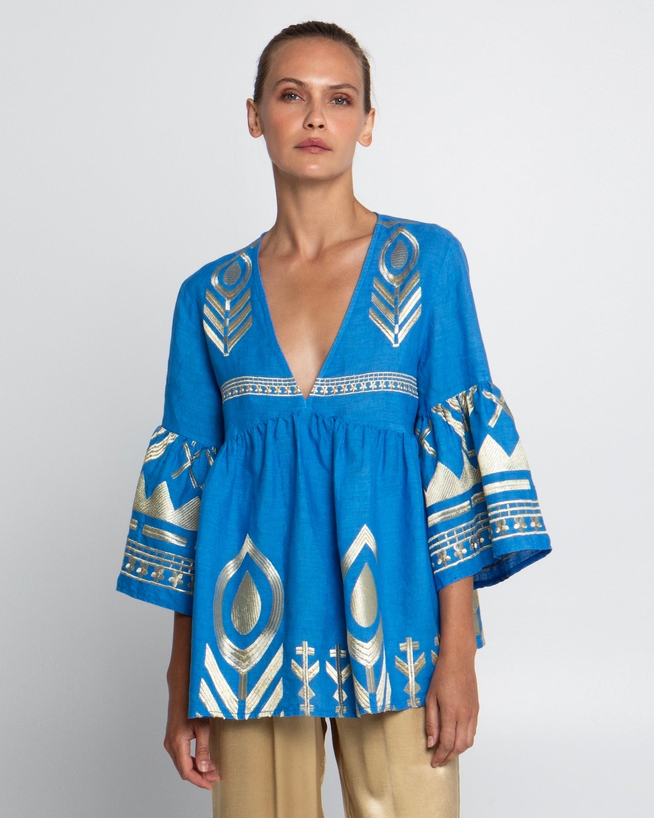 Kori Short Feather Bell Sleeve Blouse | Blue & Gold - Pasha Living
