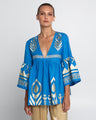 Kori Short Feather Bell Sleeve Blouse | Blue & Gold - Pasha Living