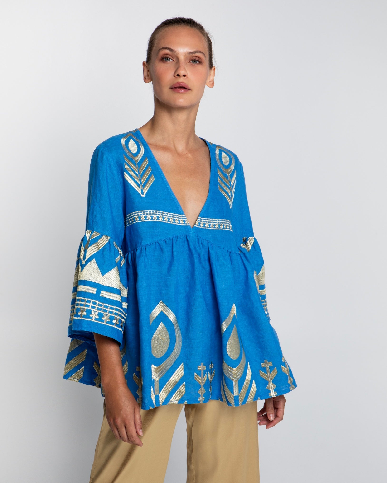 Kori Short Feather Bell Sleeve Blouse | Blue & Gold - Pasha Living