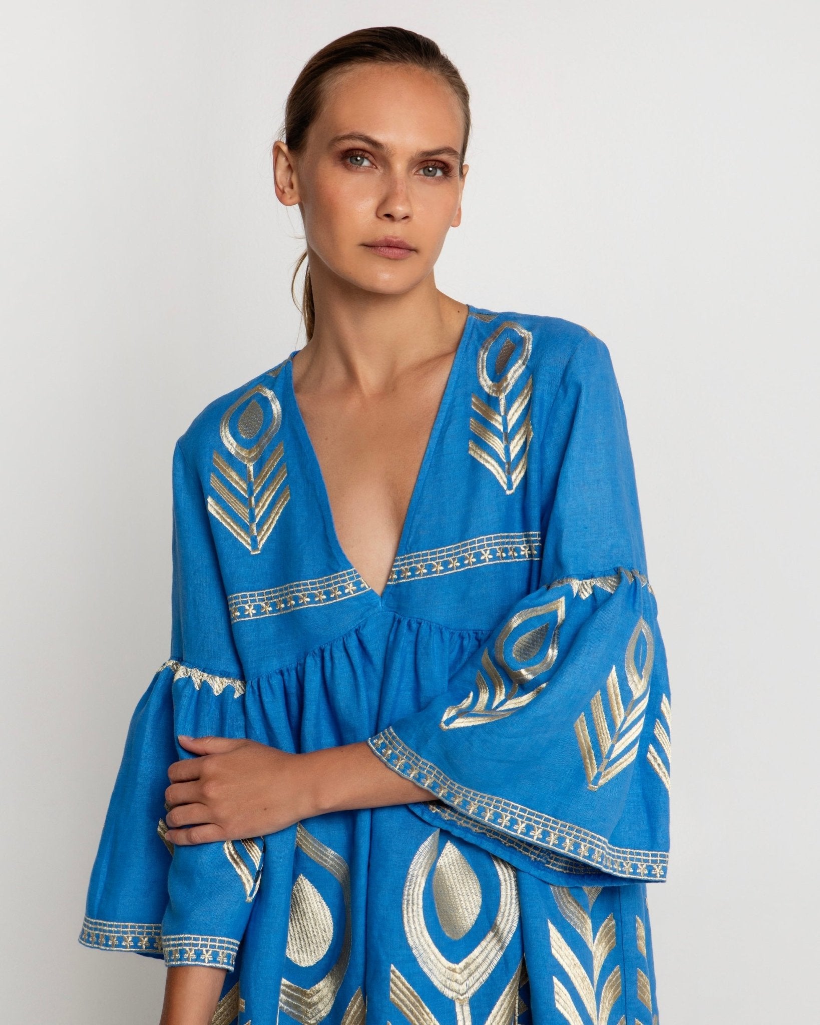 Greek Archaic Kori Kori Short Feather Bell Sleeve Dress | Blue & Gold - Dress Pasha Living
