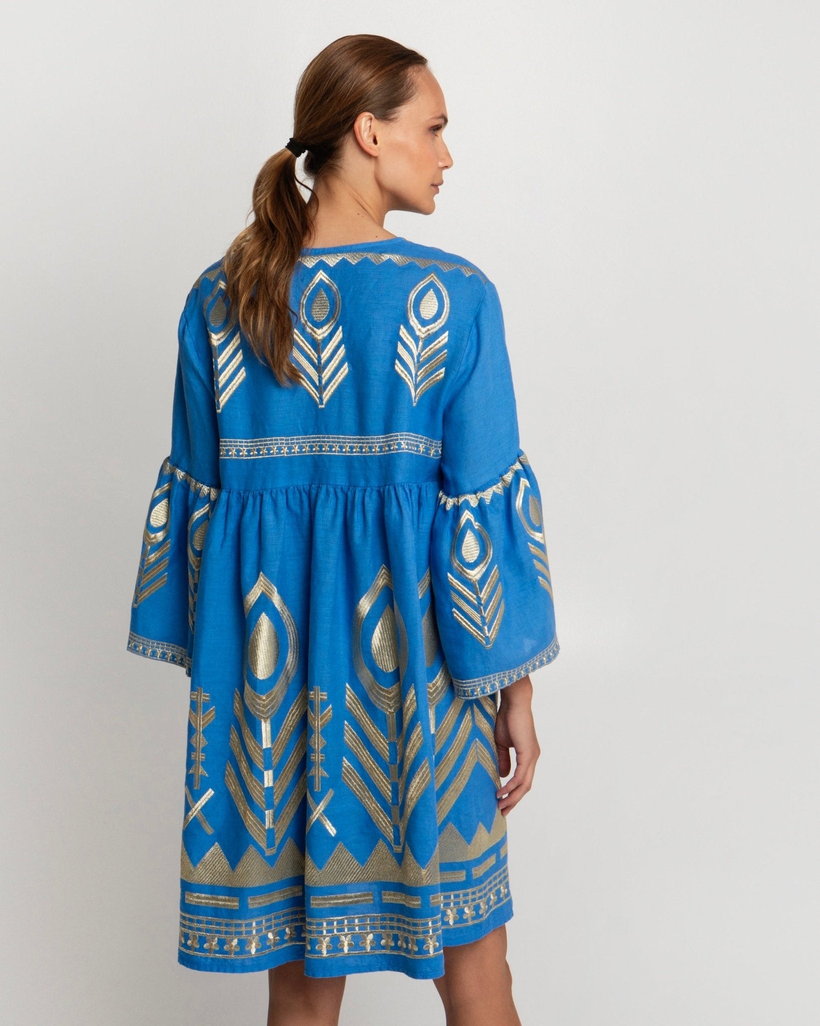 Greek Archaic Kori - Short Feather Bell Sleeve Dress | Blue & Gold - Womens - Flattering mini cut, perfect for sunny days and laid-back occasions / Greek Archaic Kori - Short Feather Bell Sleeve Dress | Blue & Gold - Womens - Flattering mini cut, perfect for sunny days and laid-back occasions /