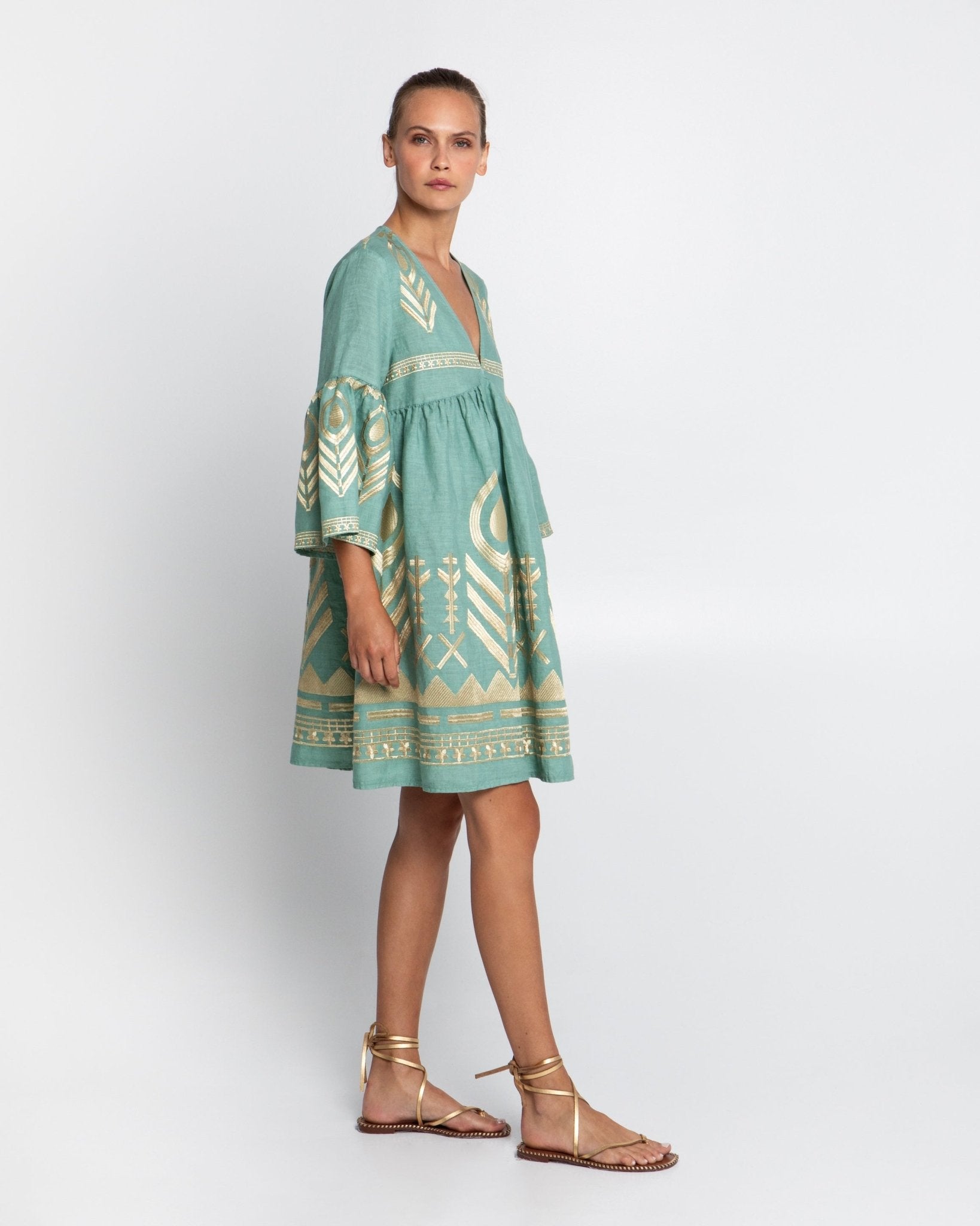 Greek Archaic Kori Kori Short Feather Bell Sleeve Dress | Sea Green - Dress Pasha Living