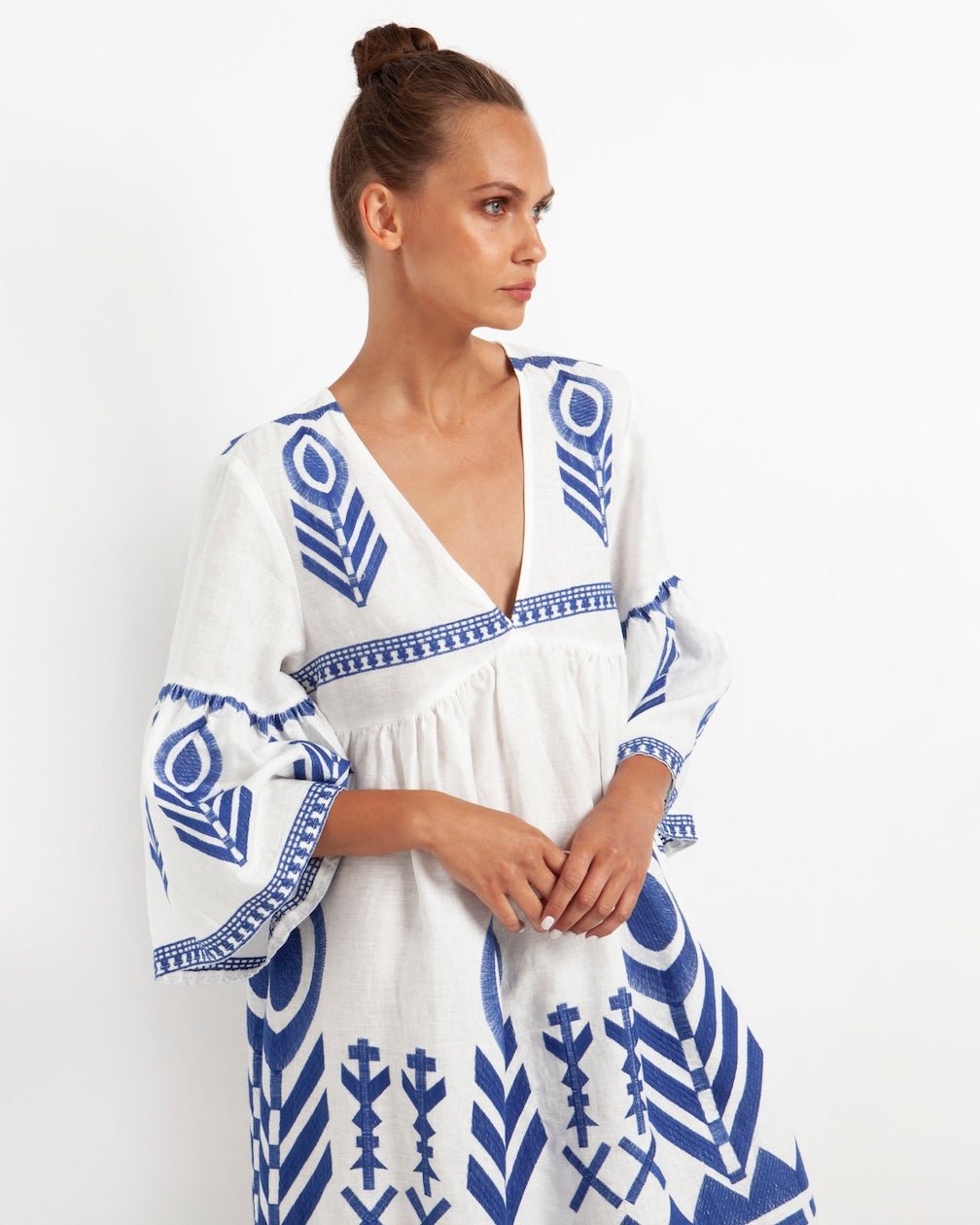 Kori Short Feather Bell Sleeve Dress | White & Blue - Pasha Living