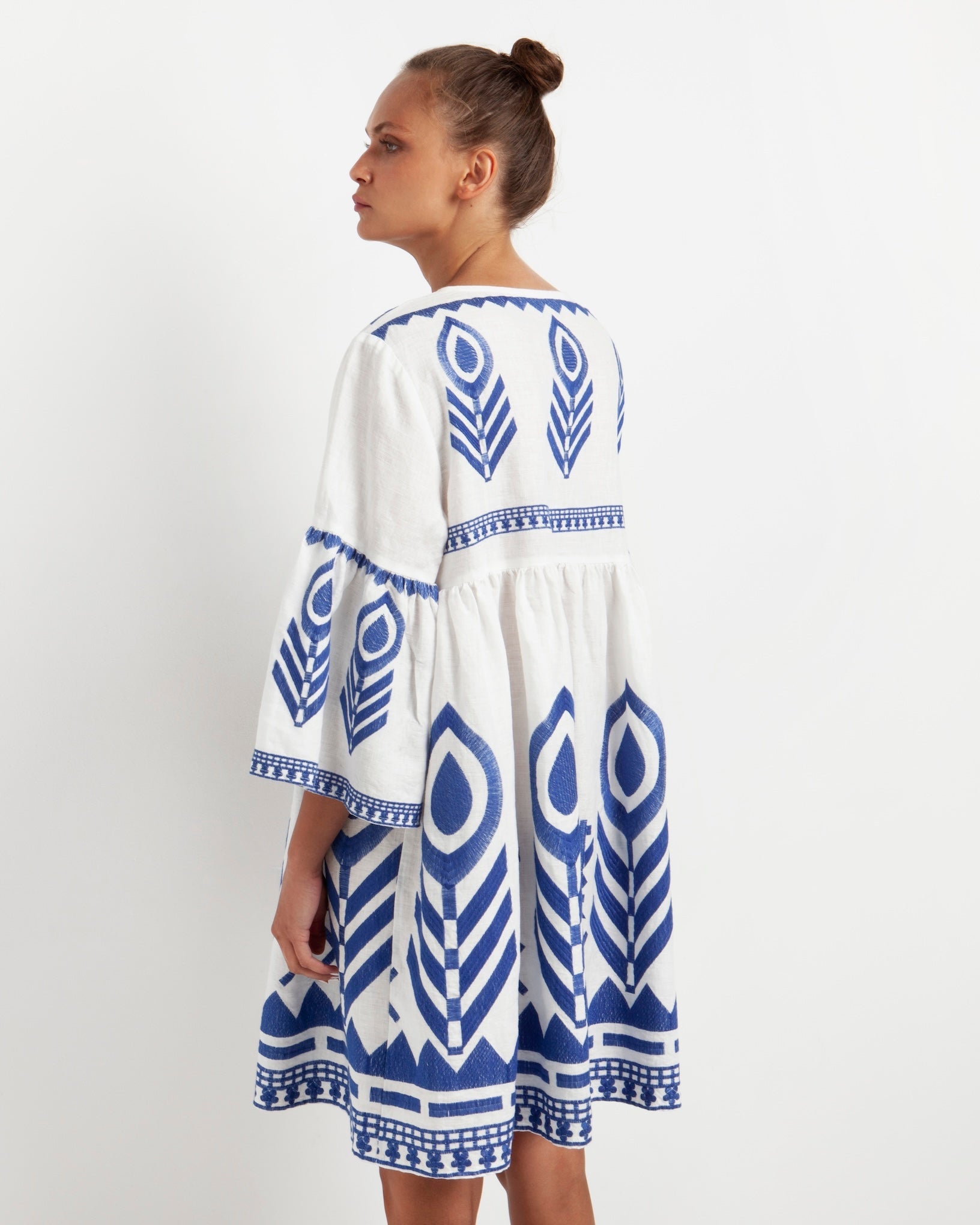 Kori Short Feather Bell Sleeve Dress | White & Blue - Pasha Living