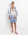 Kori Short Feather Bell Sleeve Dress | White & Blue - Pasha Living