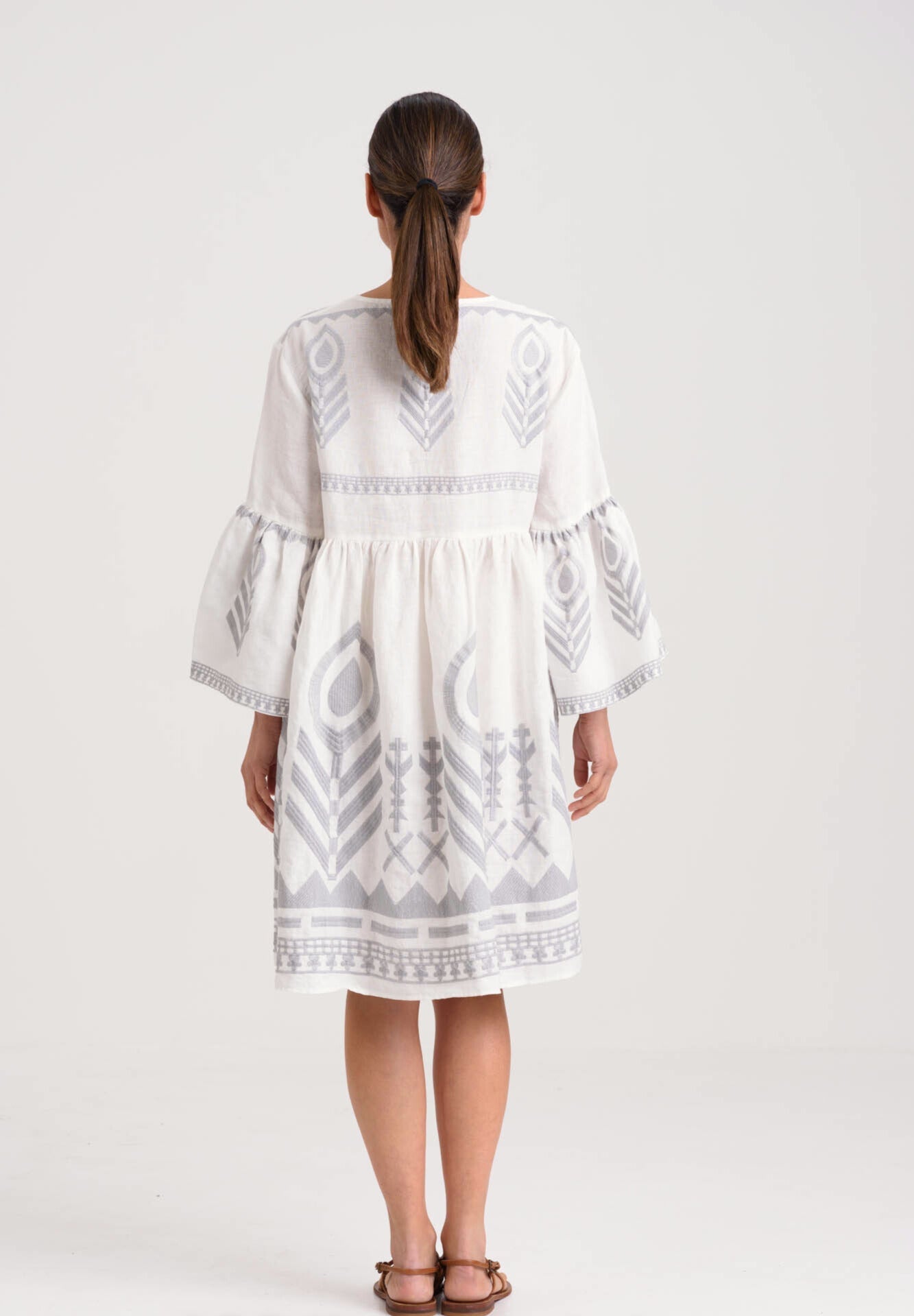 Kori Short White & Grey Feather Embroidered Dress - Pasha Living