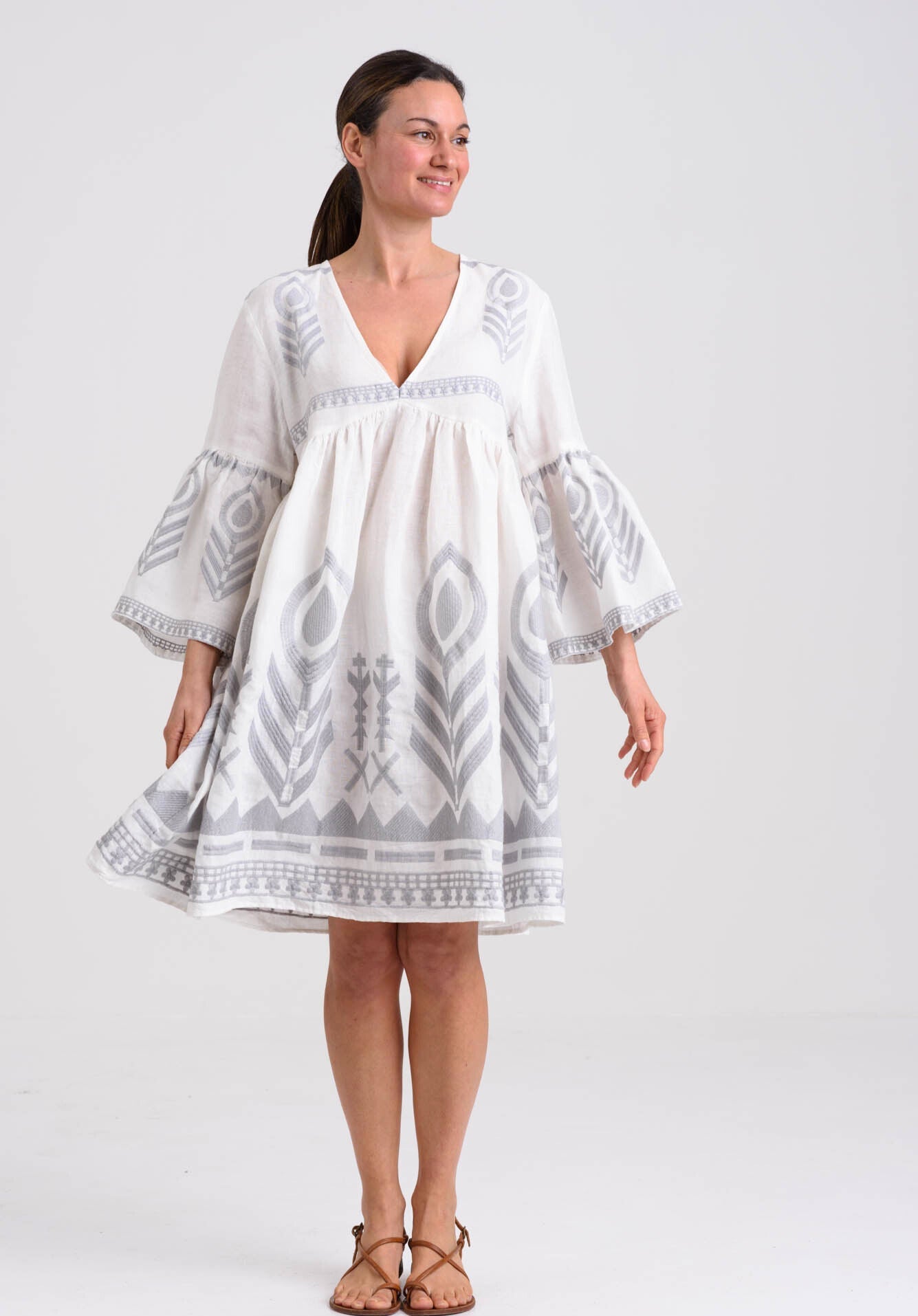 Kori Short White & Grey Feather Embroidered Dress - Pasha Living