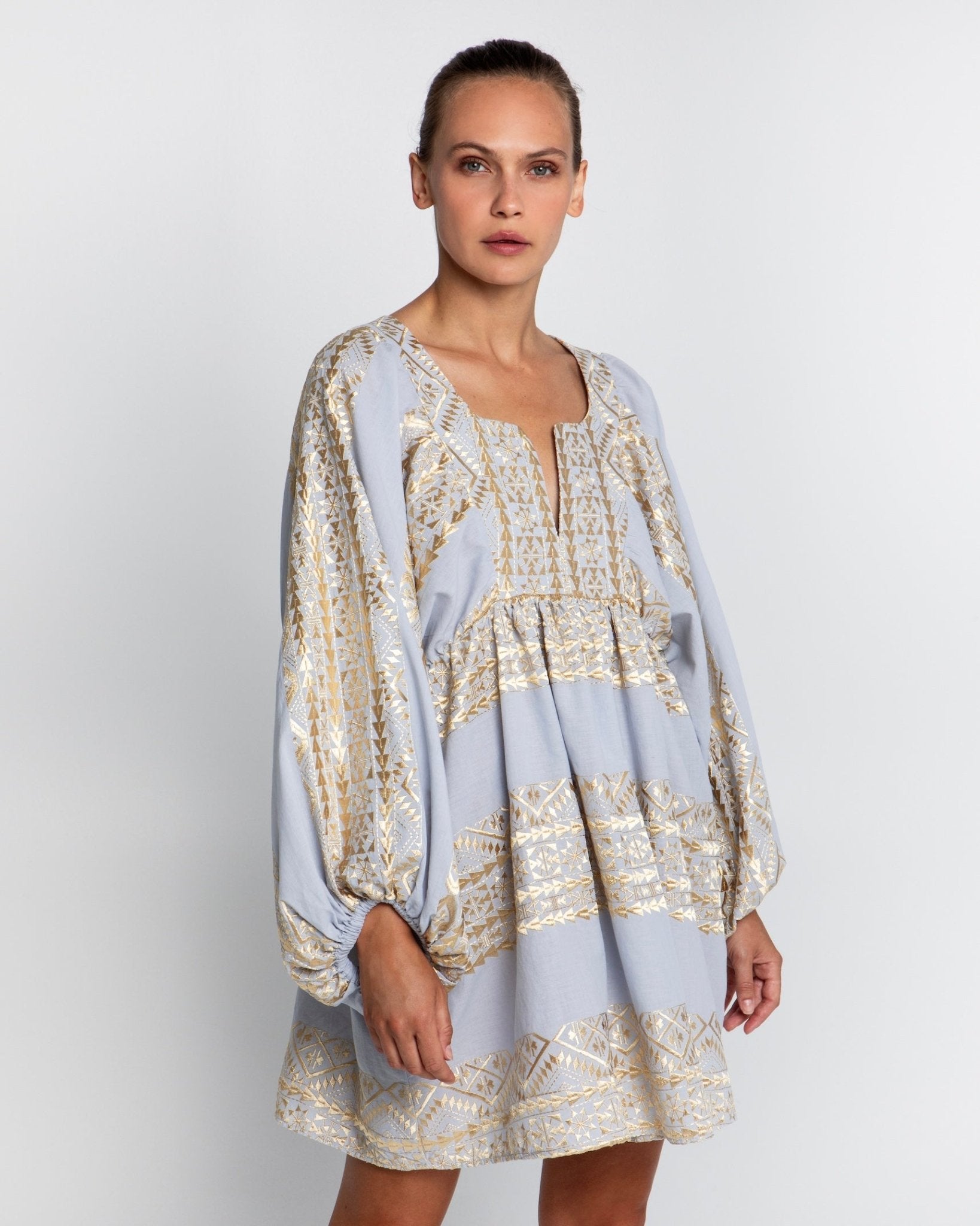 Greek Archaic Kori Kori Triangle Sleeved Mini Dress | Grey & Gold - Dress Pasha Living