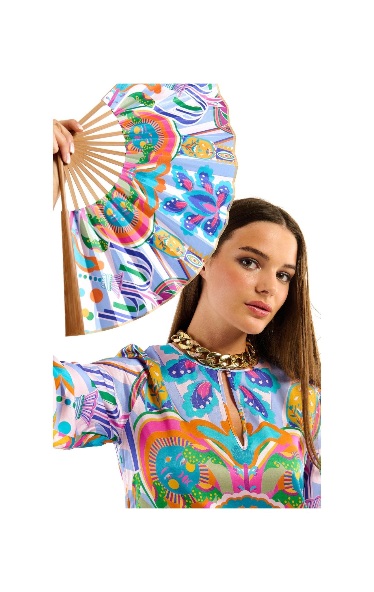 Wild Enchanted Print Hand Fan | Blue. Available at Pasha Living