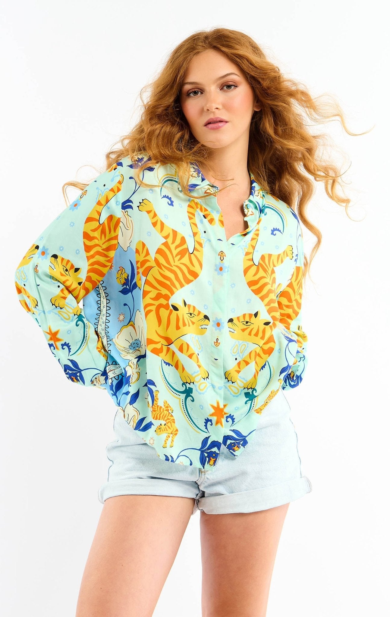 Wild Tiger Print Oversized Shirt | Blue. Available at Pasha Living
